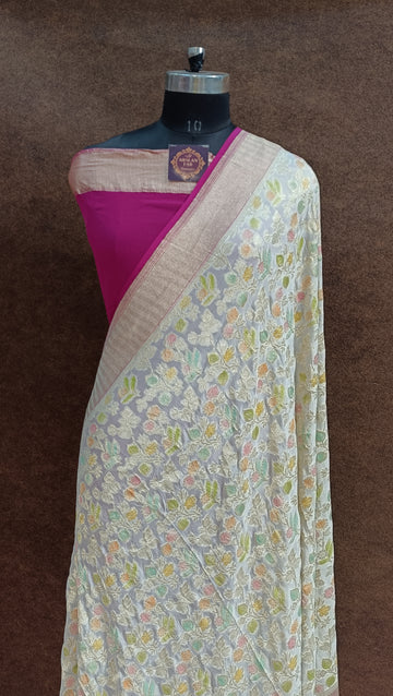 Banarasi Pure Georjette Creem Multi Meena Saree