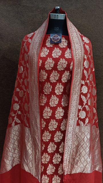 Banarasi Pure Khaddi Georjette Red Suit