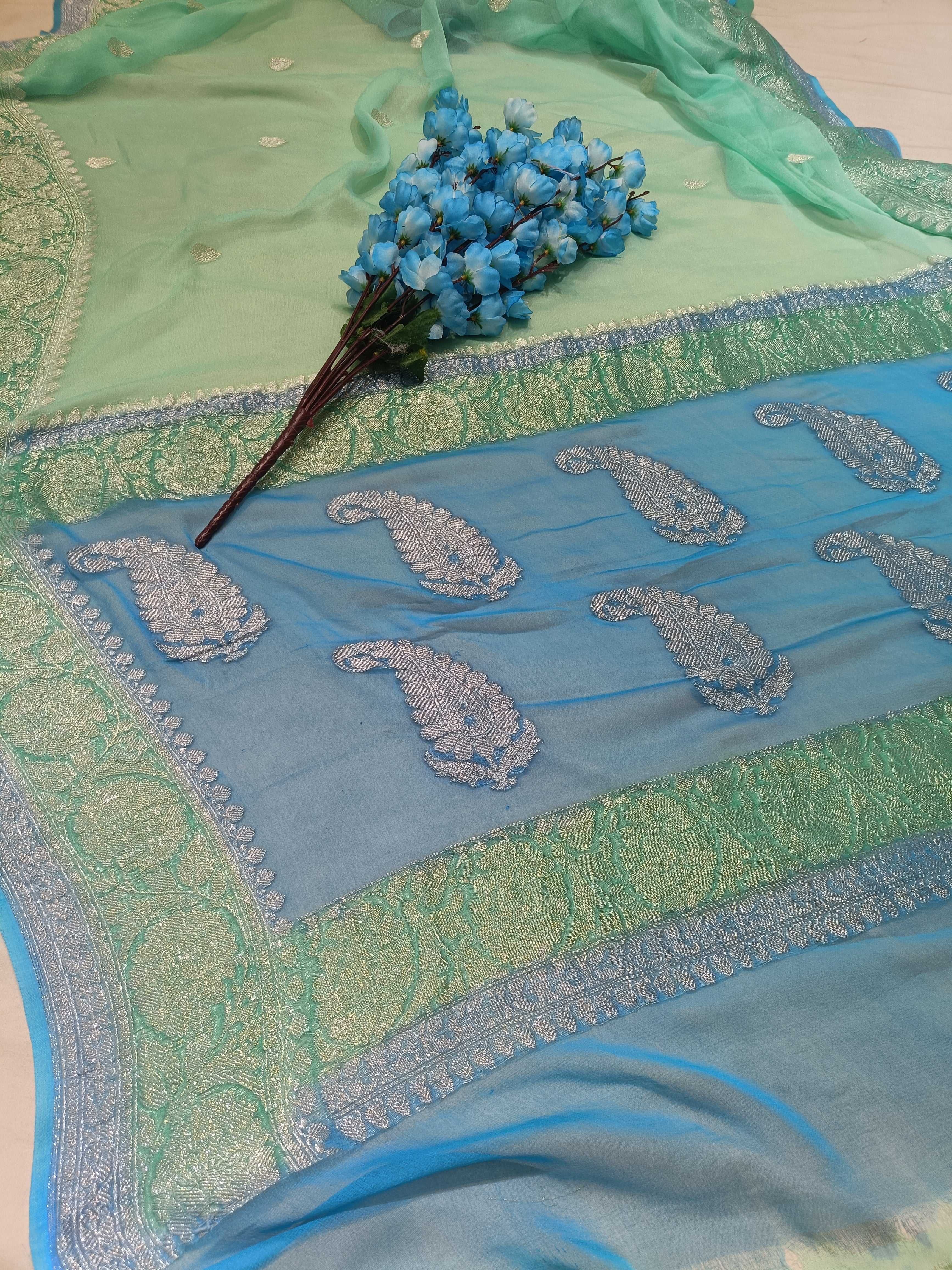 Pure Khaddi Banarasi Chiffon Silver Zari Saree