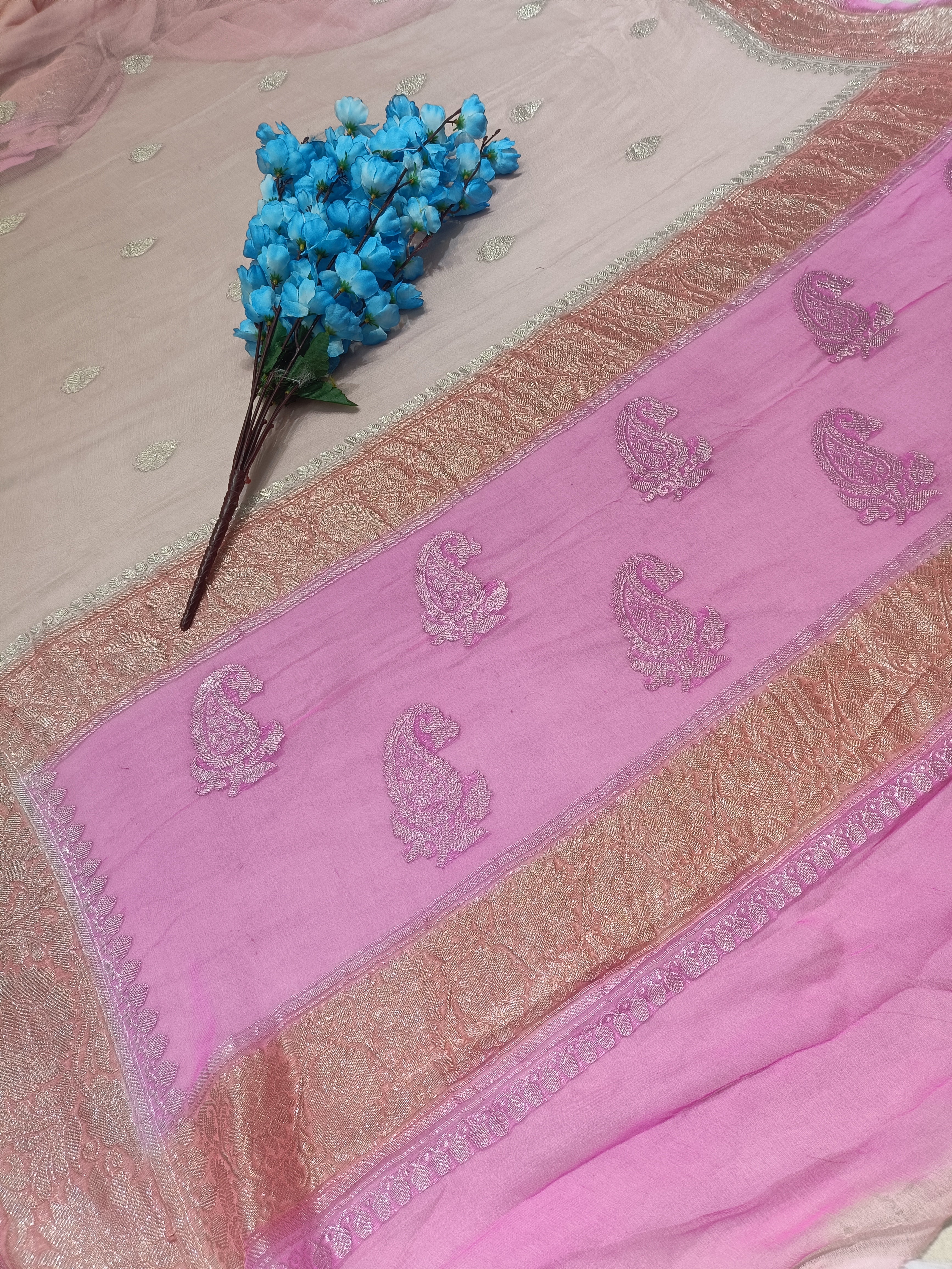 Pure Khaddi Chiffon Banarasi Silver Zari Saree