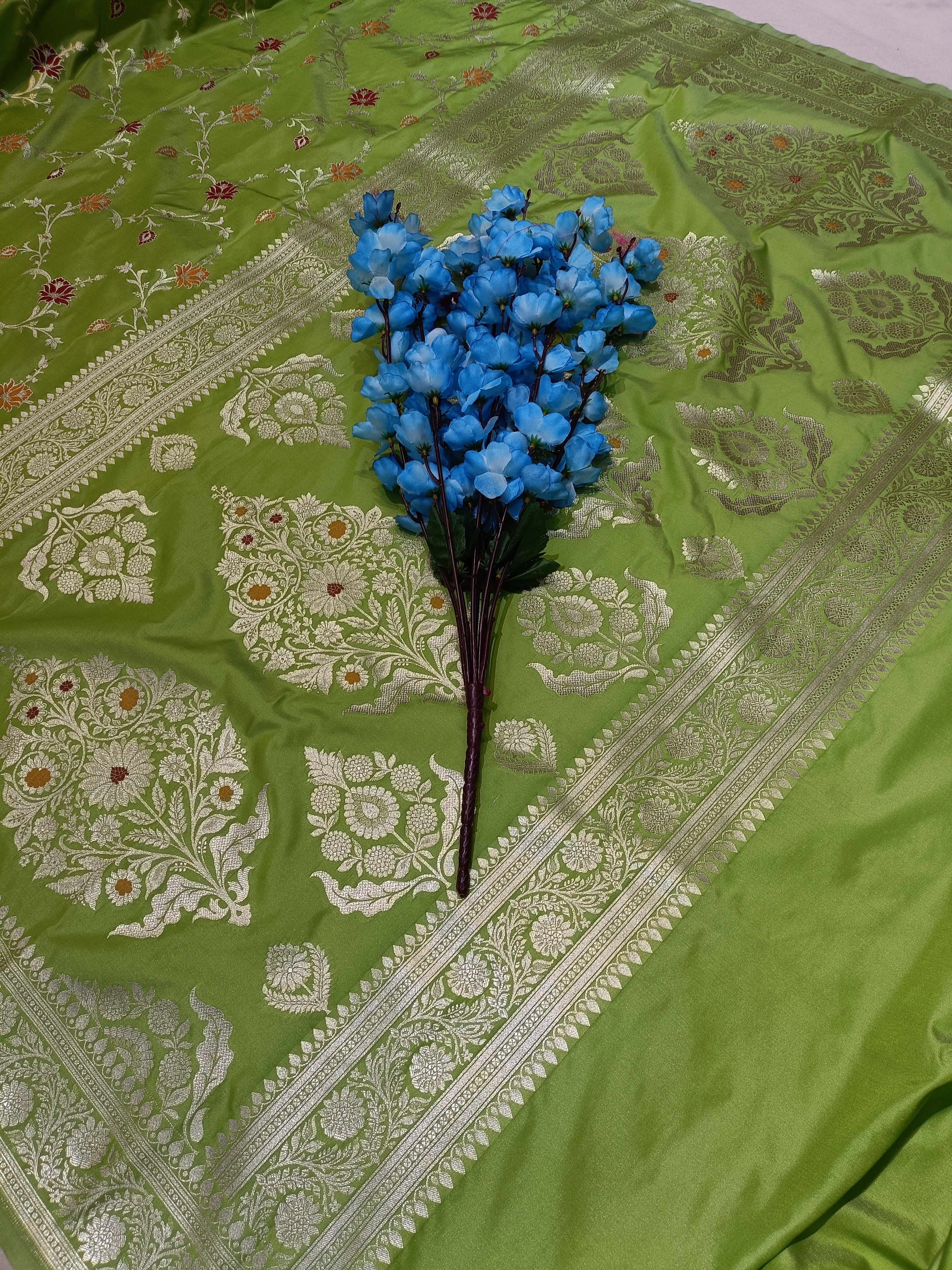 Parrot Green  Banarasi Pawri Silk Meena Saree