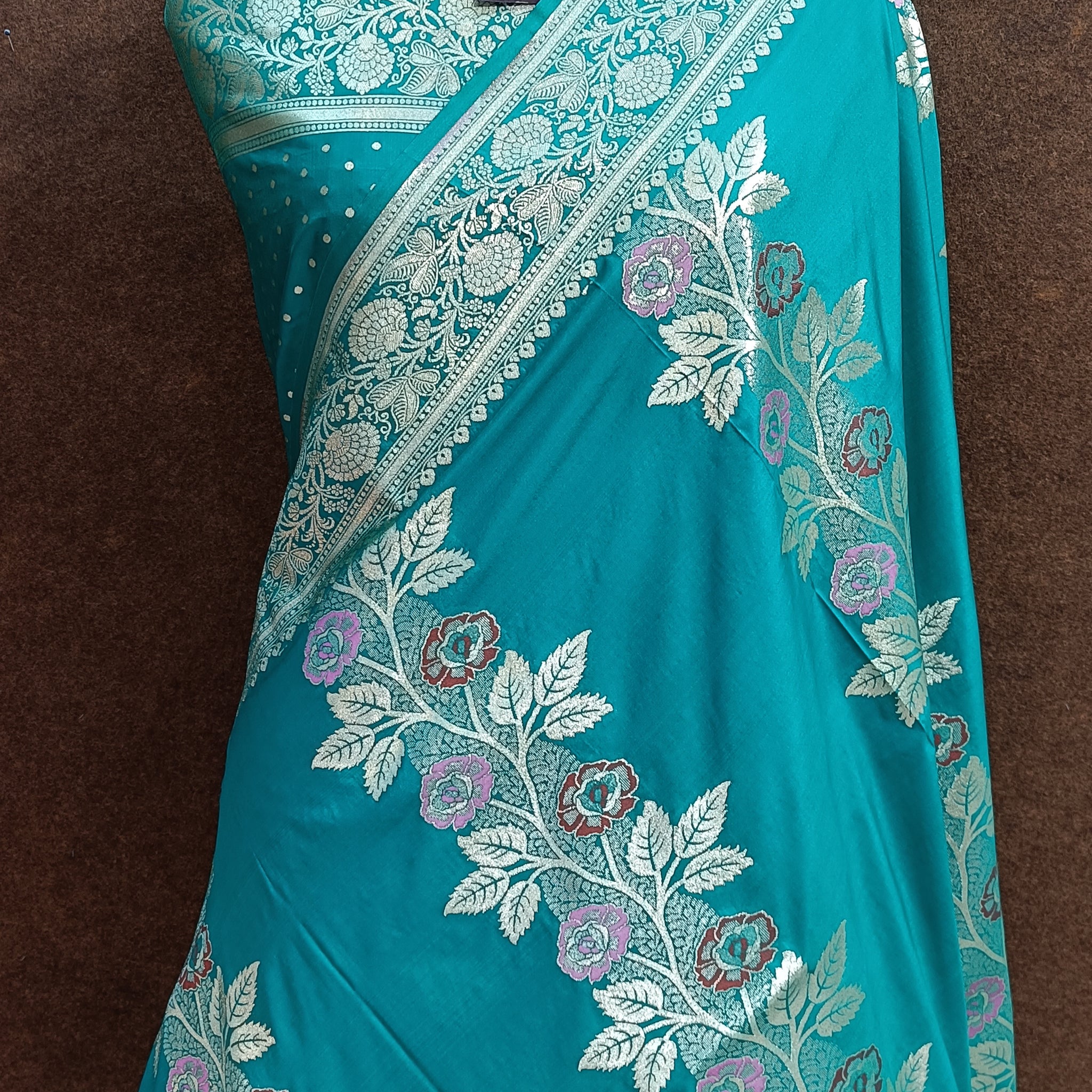 Teal Babarasi Pawri Silk Meena Saree
