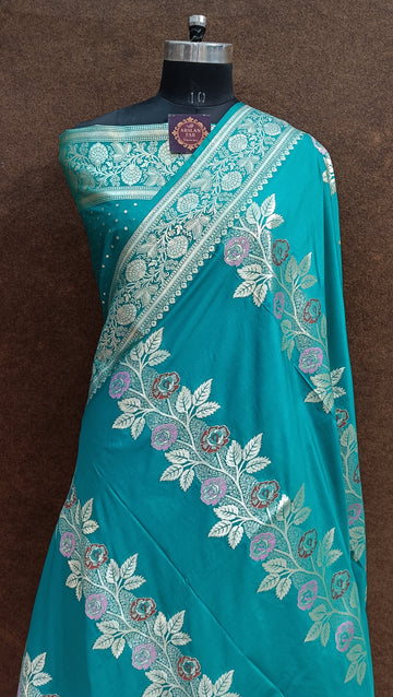 Teal Babarasi Pawri Silk Meena Saree