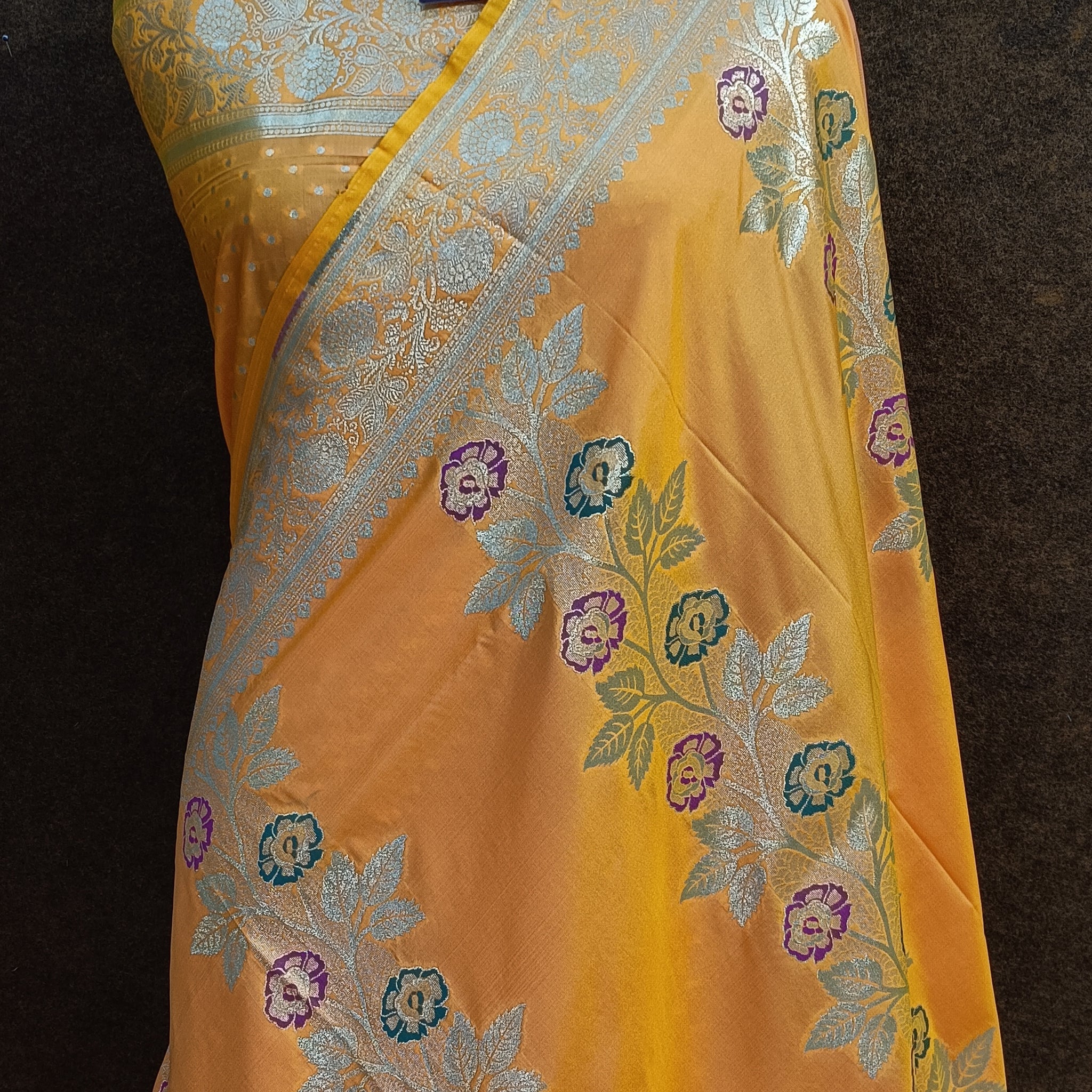 Yellow Banarasi Pawri Silk Meena Saree