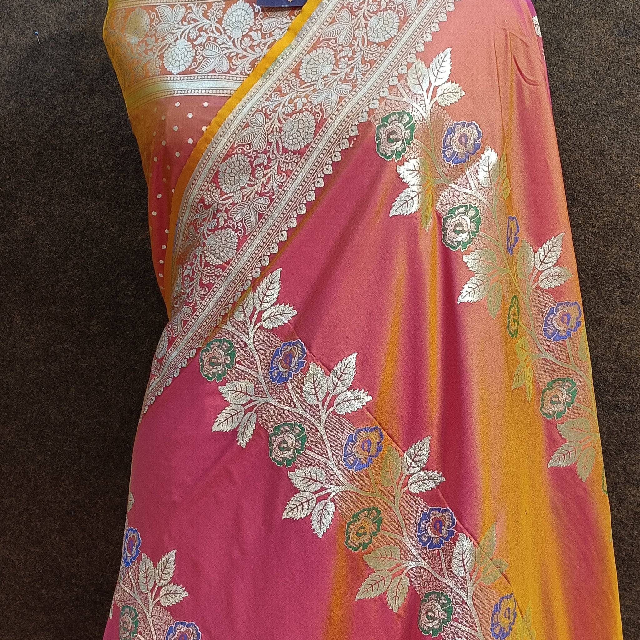 Yellow Orange Banarasi Pawri Silk Meena Saree