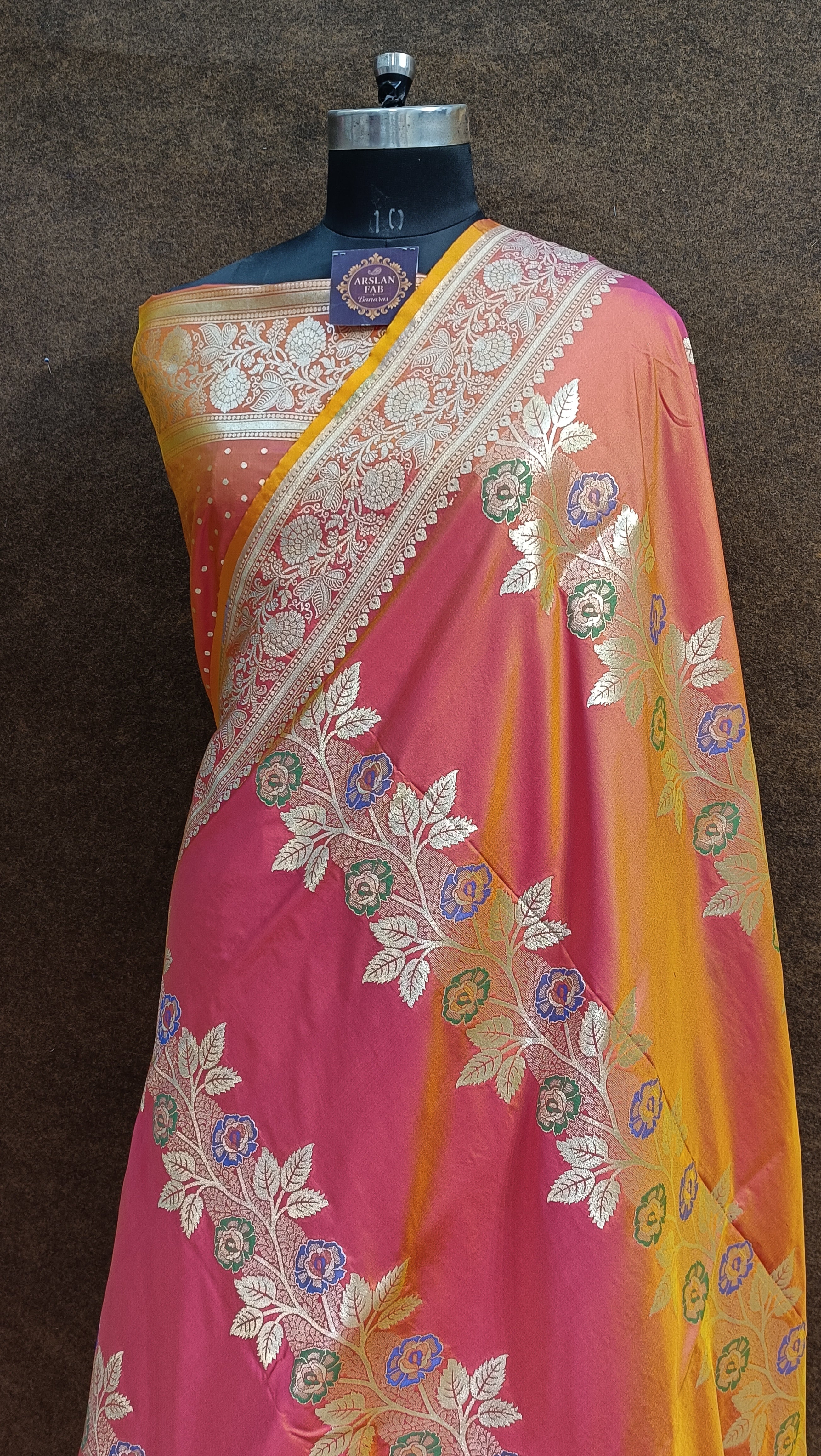 Yellow Orange Banarasi Pawri Silk Meena Saree