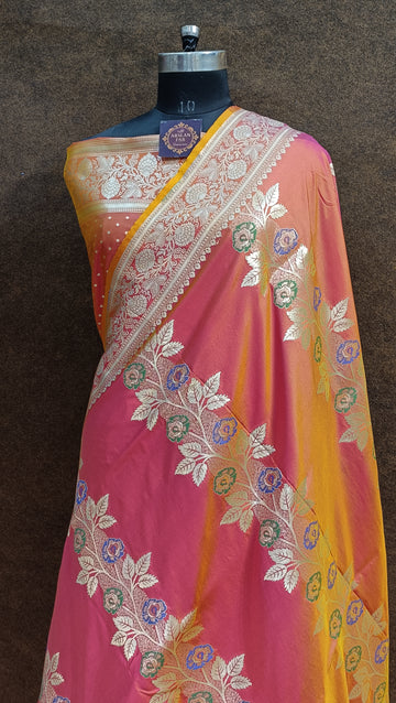 Yellow Orange Banarasi Pawri Silk Meena Saree