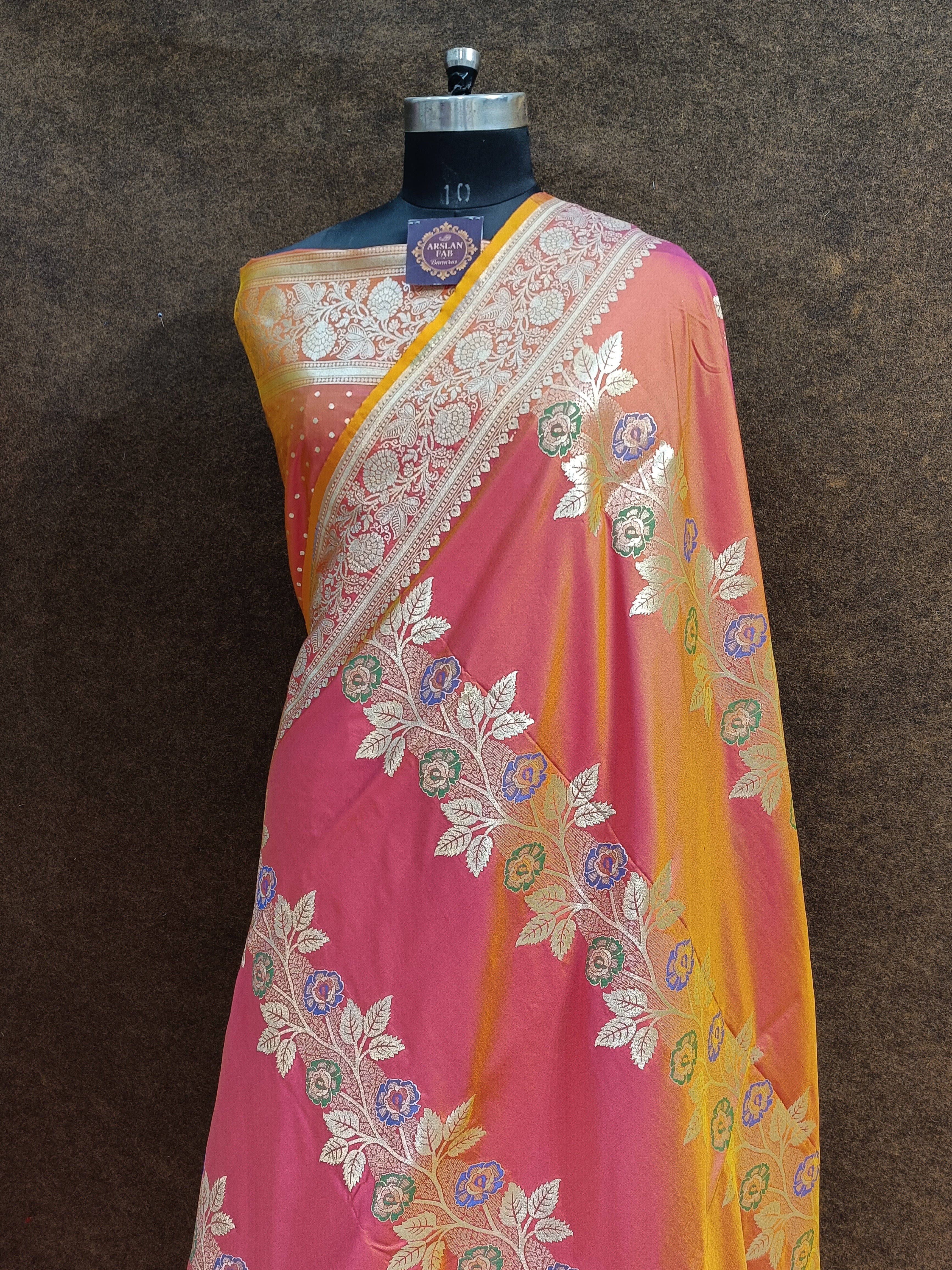 Yellow Orange Banarasi Pawri Silk Meena Saree