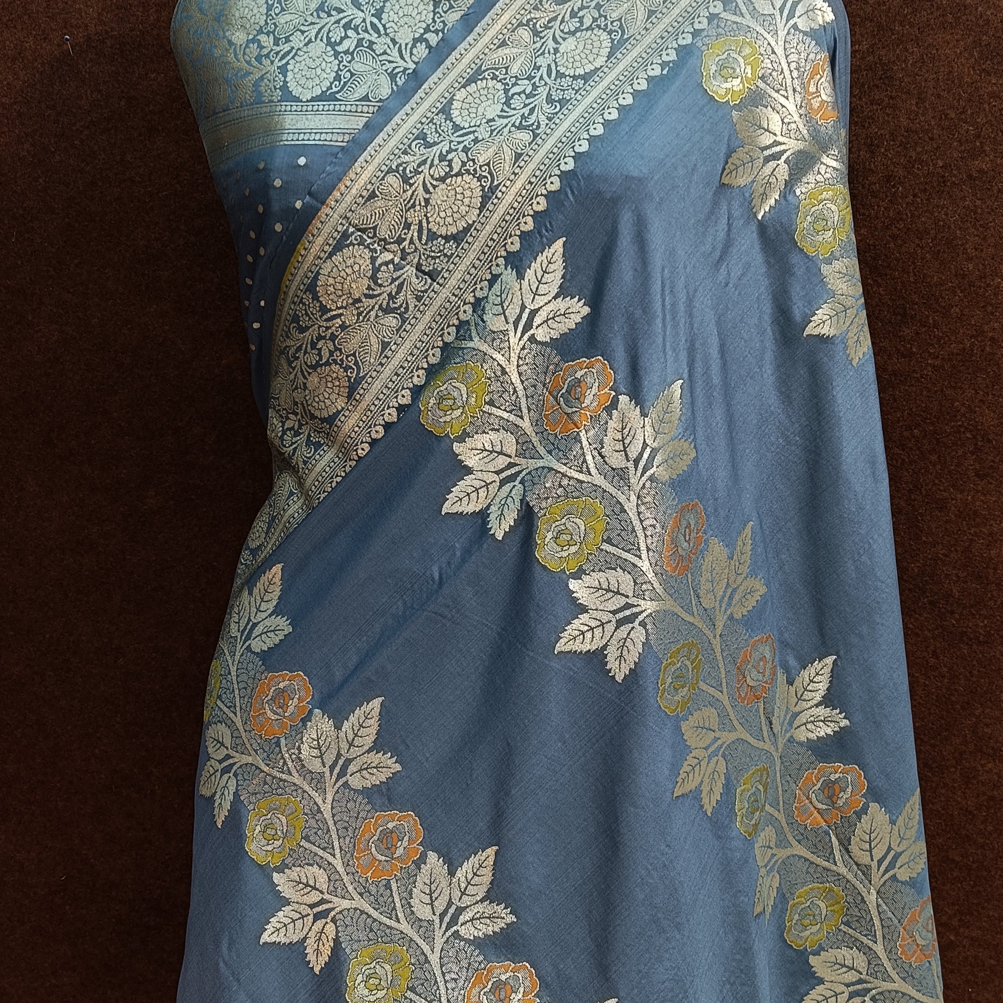 Grey Banarasi Pawri Silk Meena Saree