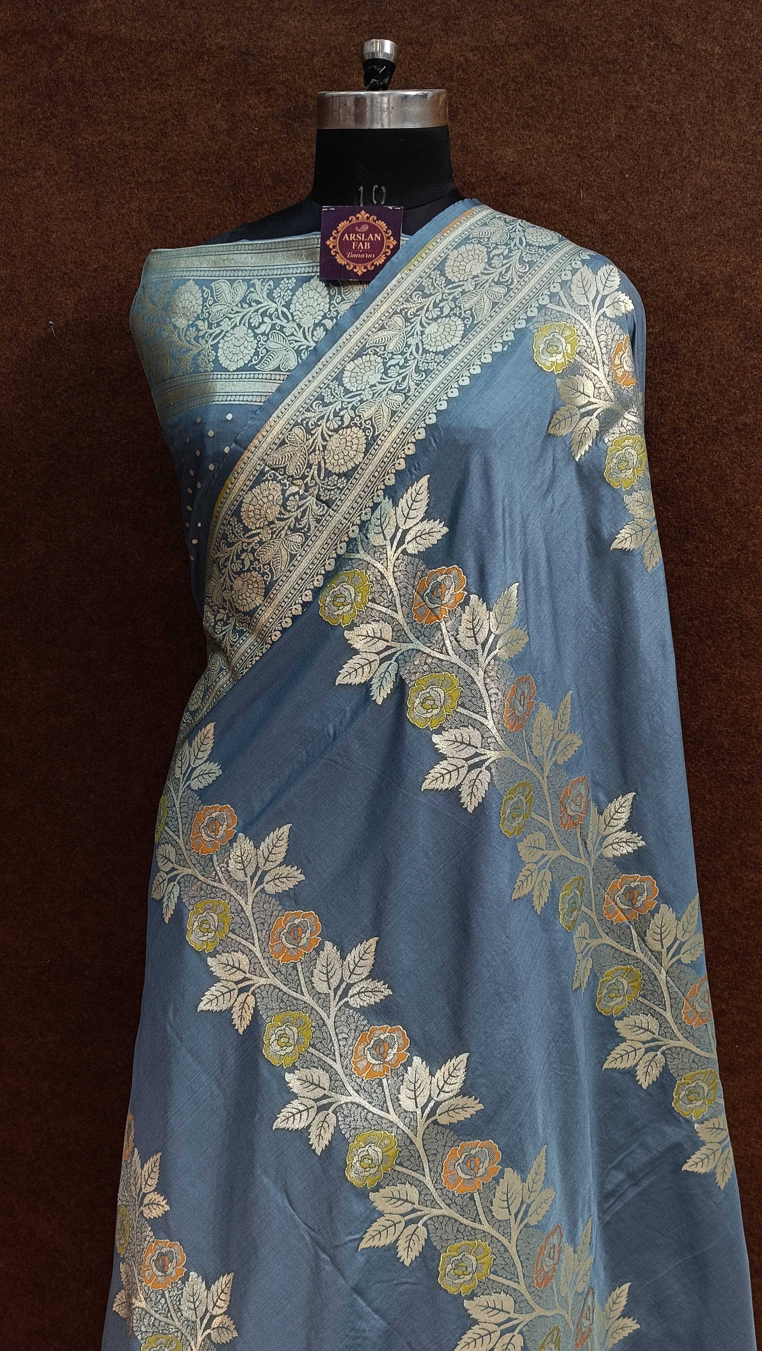 Grey Banarasi Pawri Silk Meena Saree