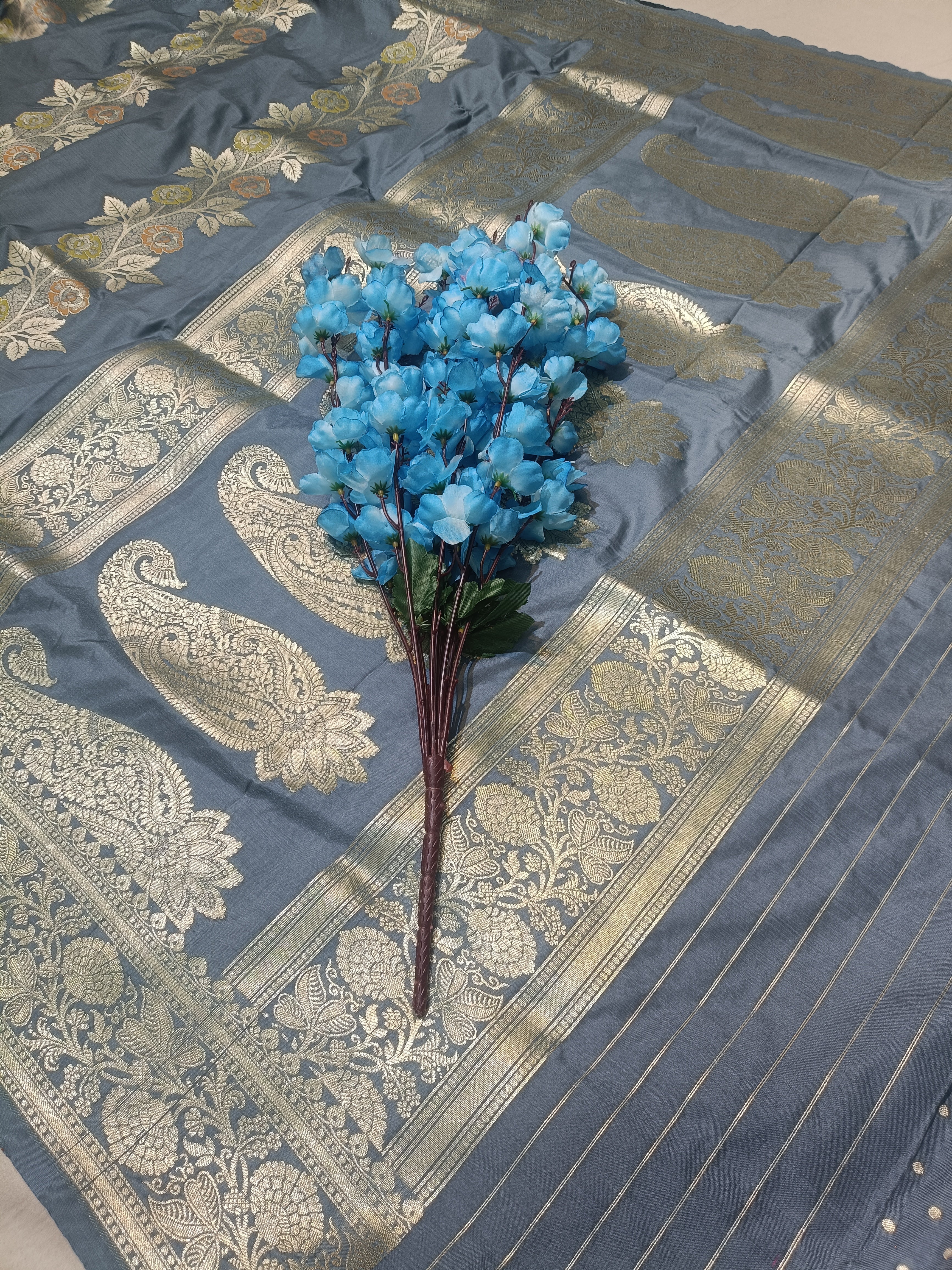 Grey Banarasi Pawri Silk Meena Saree