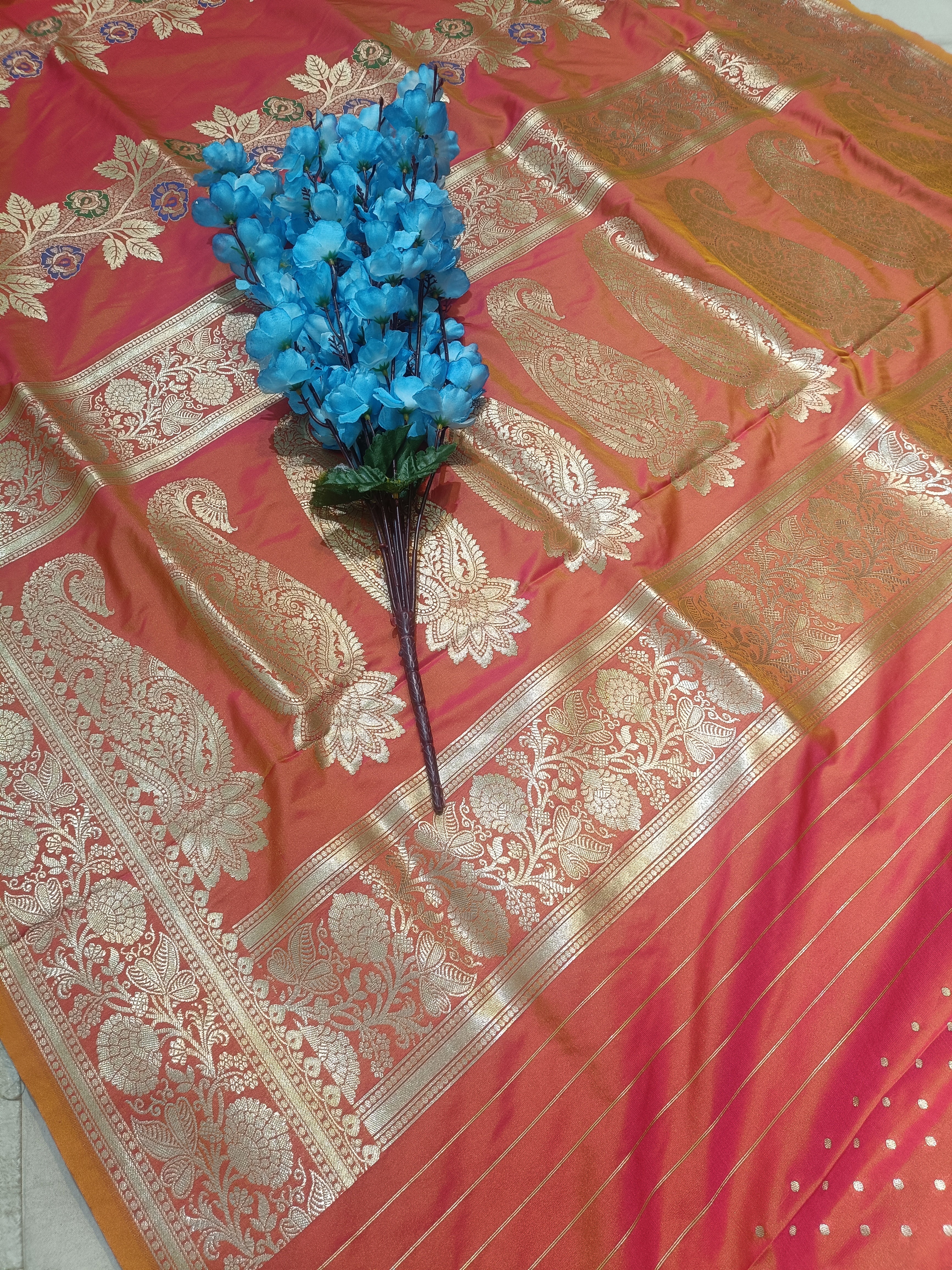 Yellow Orange Banarasi Pawri Silk Meena Saree