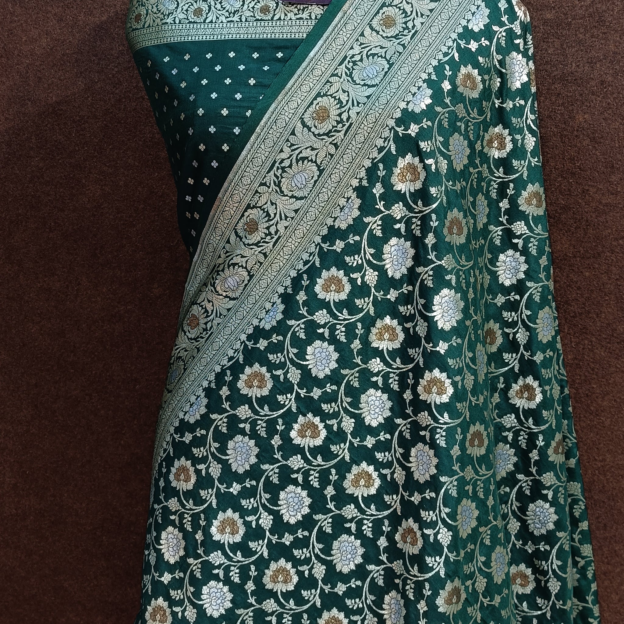 Bottal Green Banarasi Pawri Silk Meenakari Saree