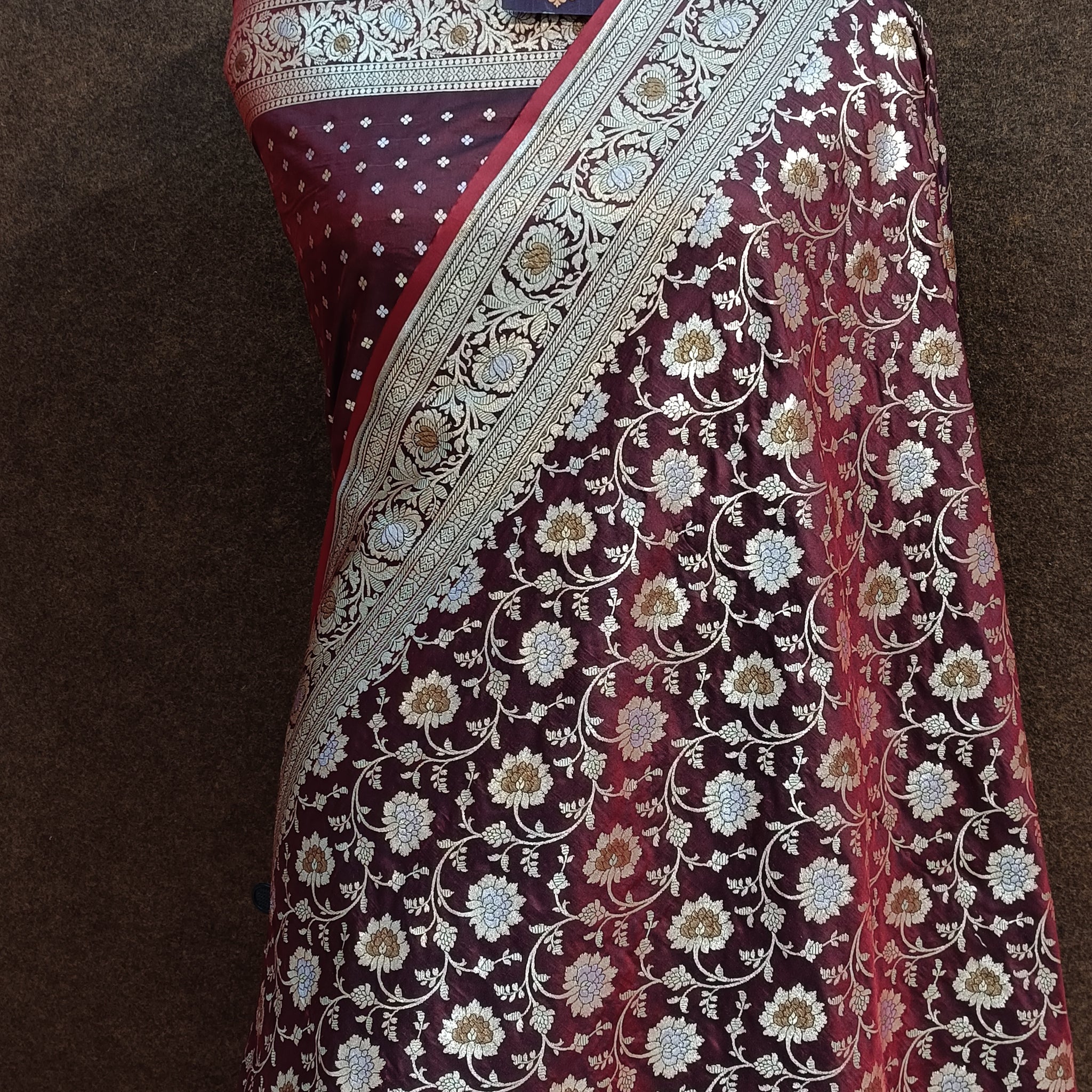 maroon Banarasi Pawri Silk Meenakari Saree