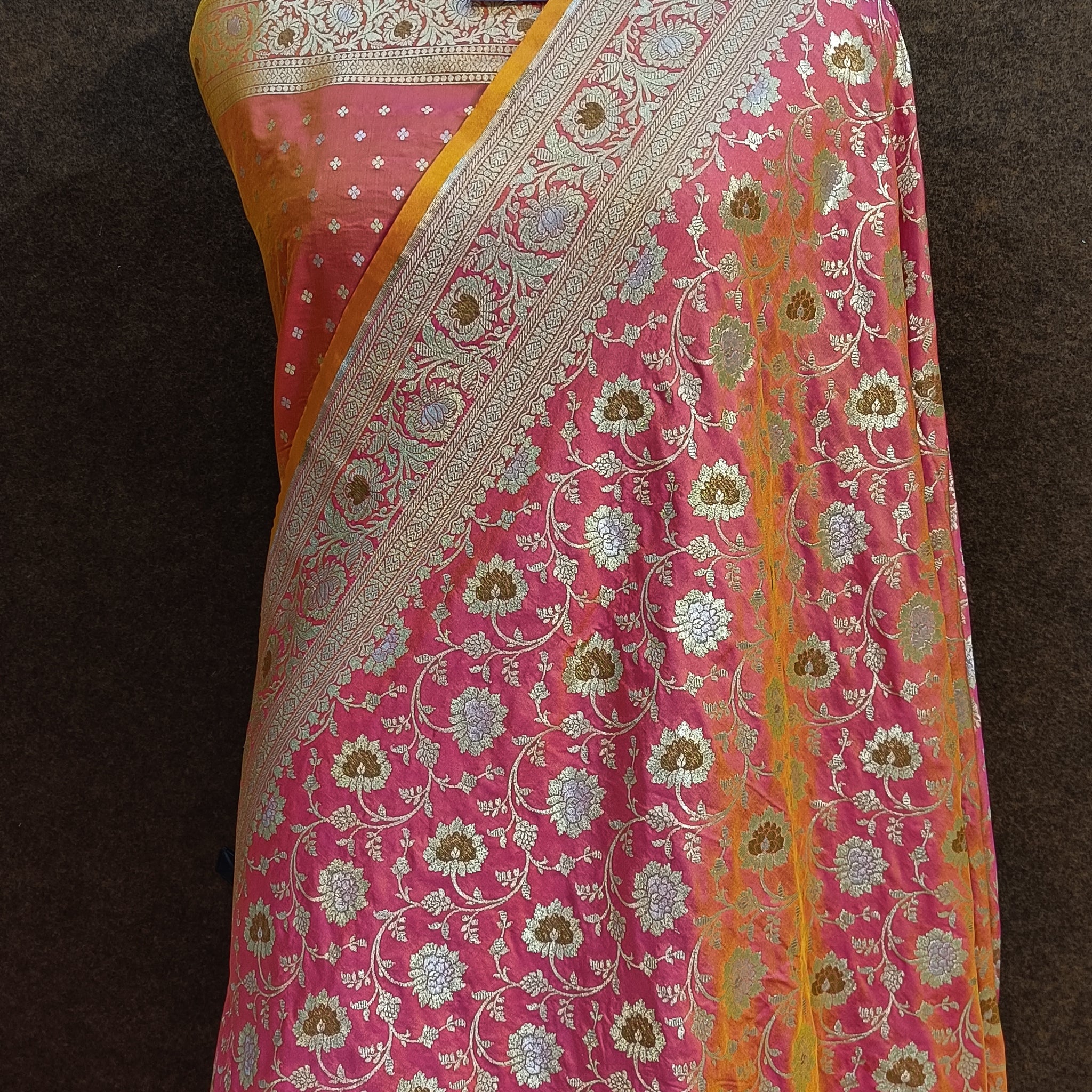 Peach Pink Banarasi Pawri Silk Meenakari Saree