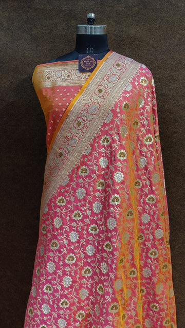 Peach Pink Banarasi Pawri Silk Meenakari Saree