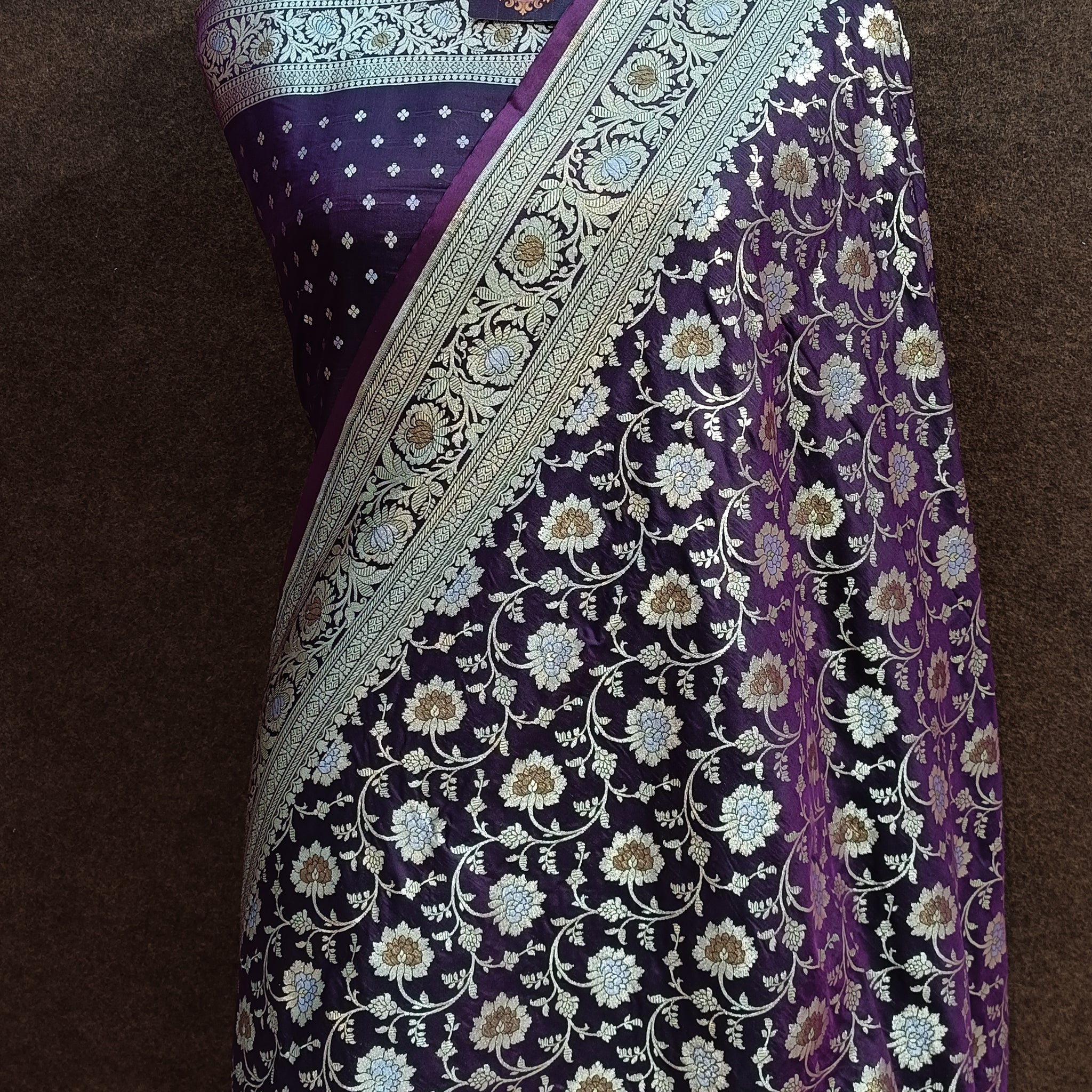 Purple Banarasi Pawri Silk Meenakari Saree