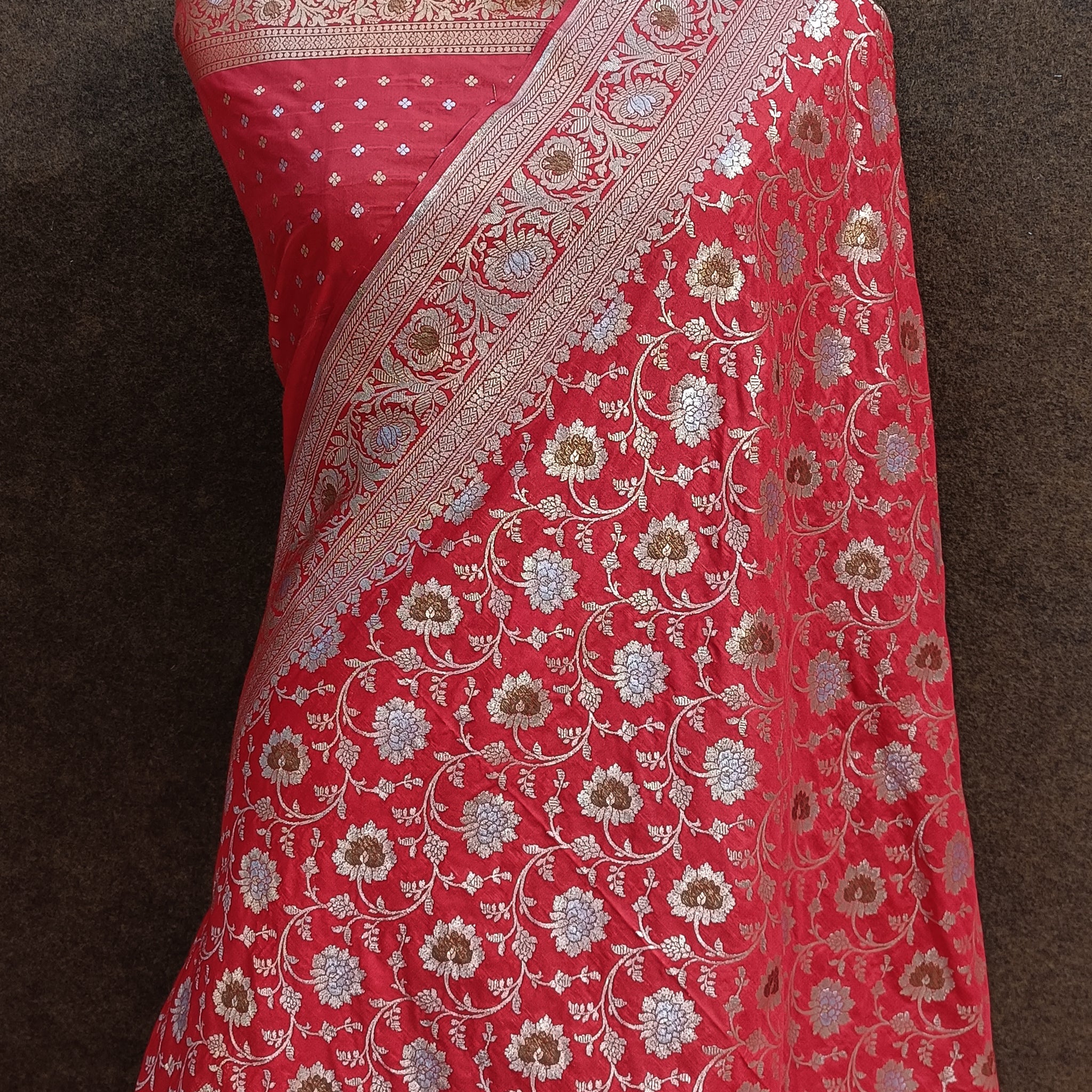 Rad Banarasi Pawri Silk Meenakari Saree