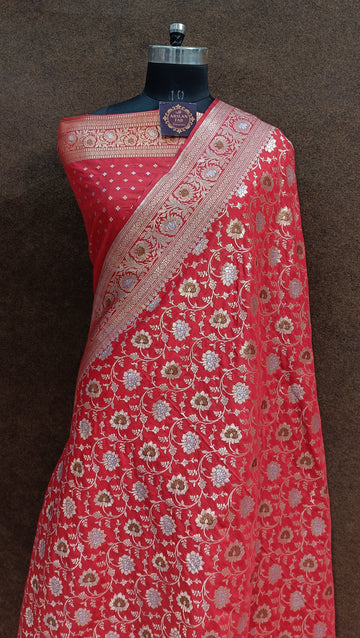 Rad Banarasi Pawri Silk Meenakari Saree