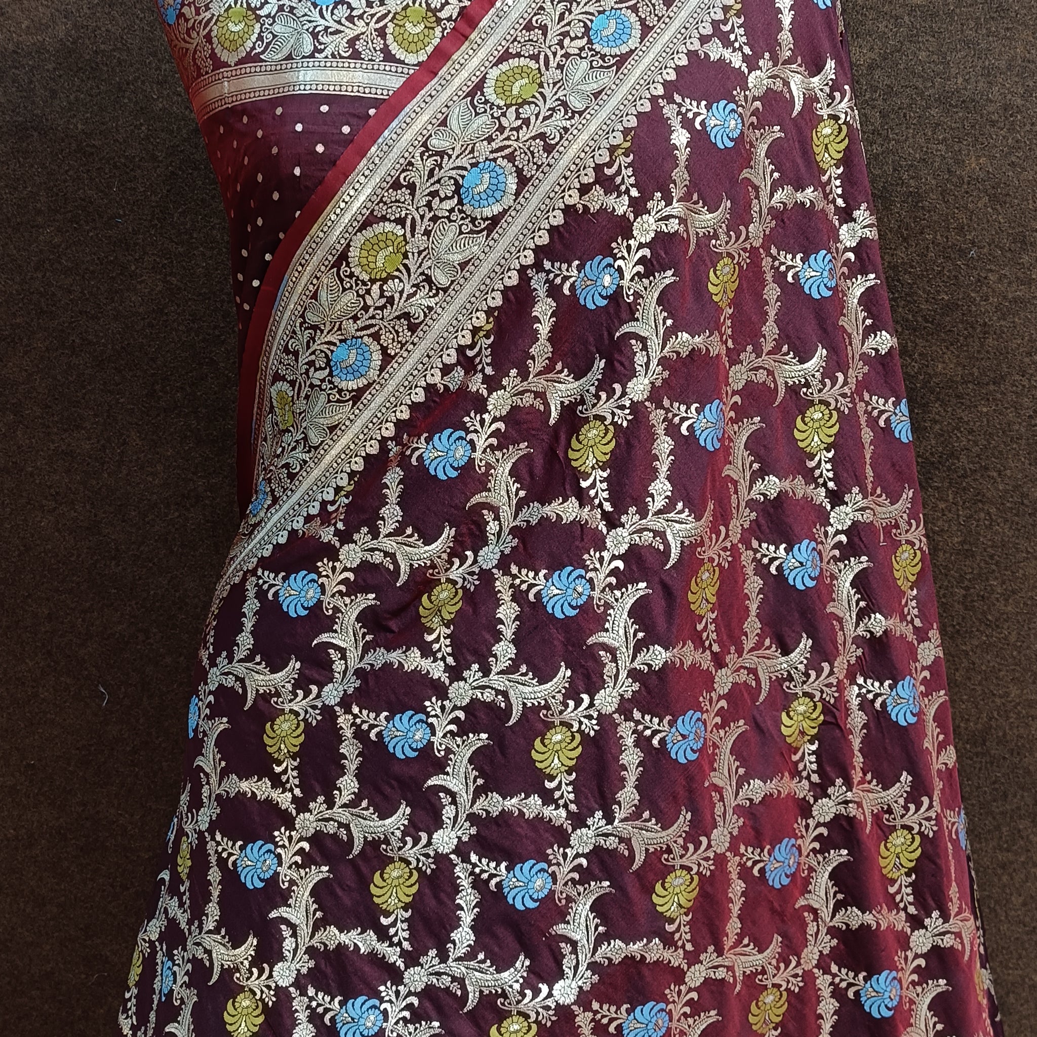 maroon Banarasi Pawri Silk  Meenakari Saree