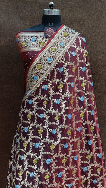 maroon Banarasi Pawri Silk  Meenakari Saree