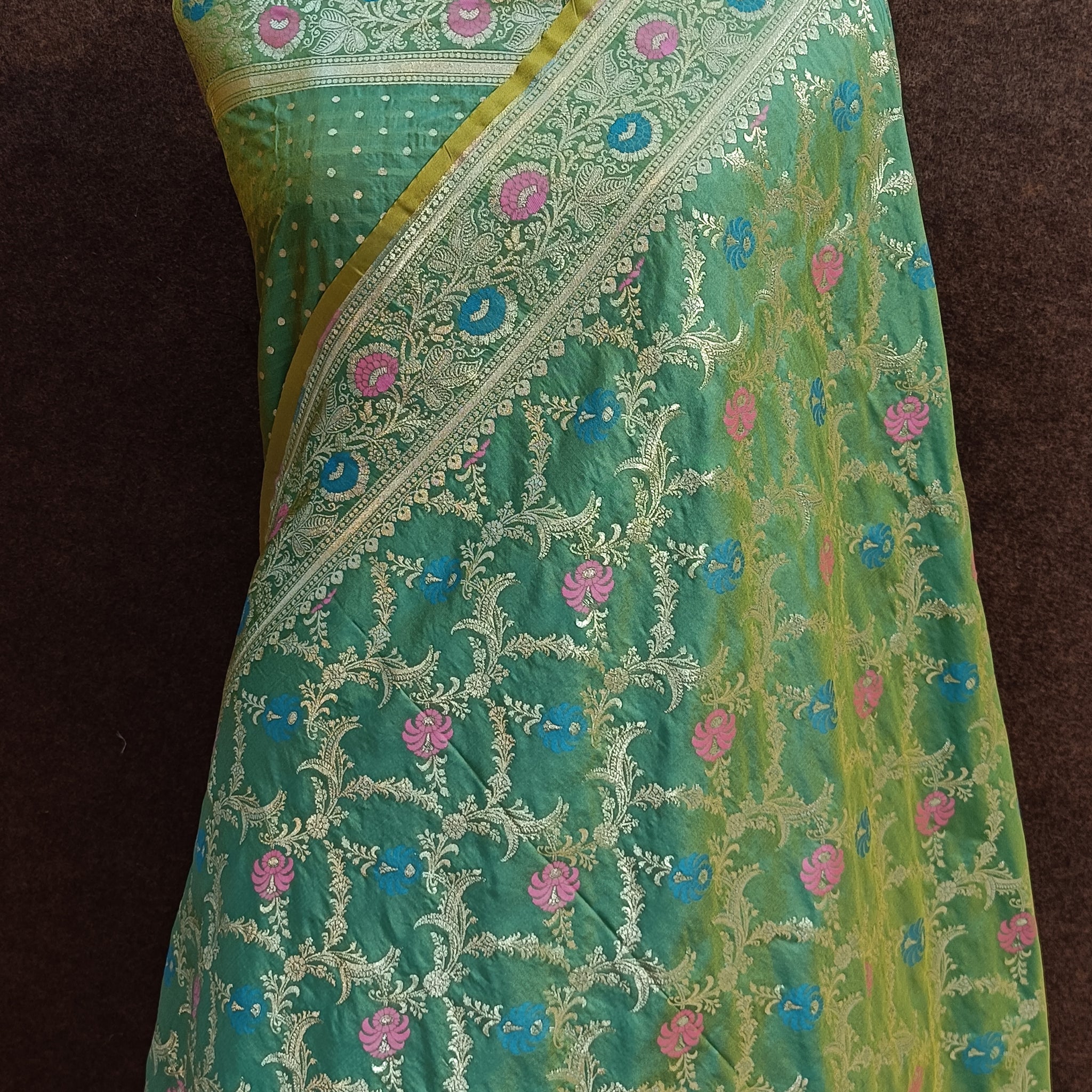 green Banarasi Pawri Silk Meenakari Saree