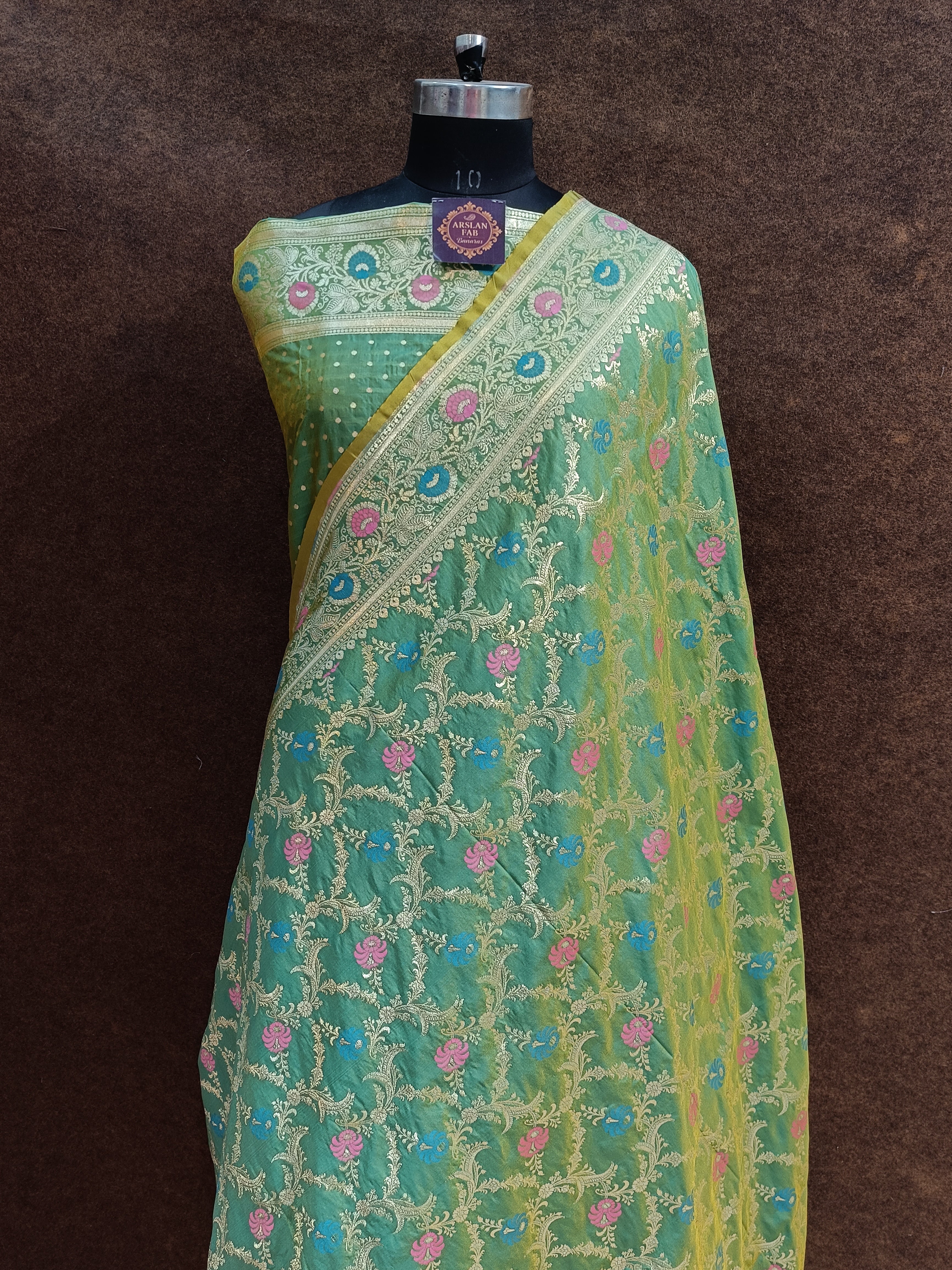 green Banarasi Pawri Silk Meenakari Saree