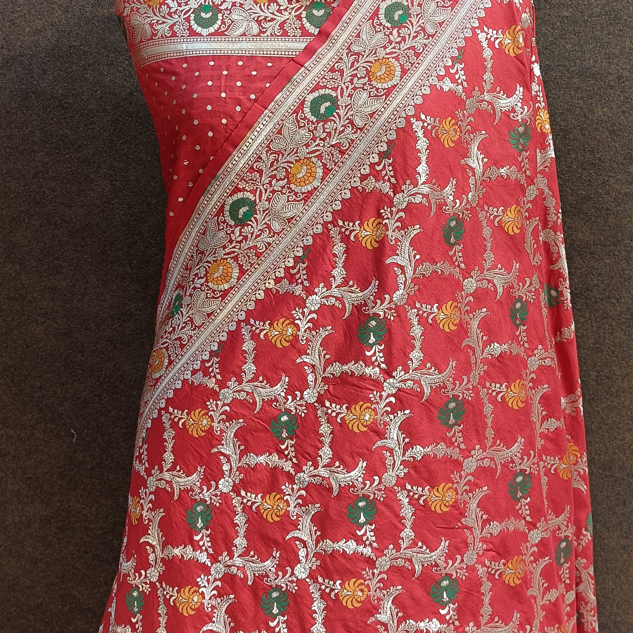 Rad Banarasi Pawri Silk Meenakari Saree
