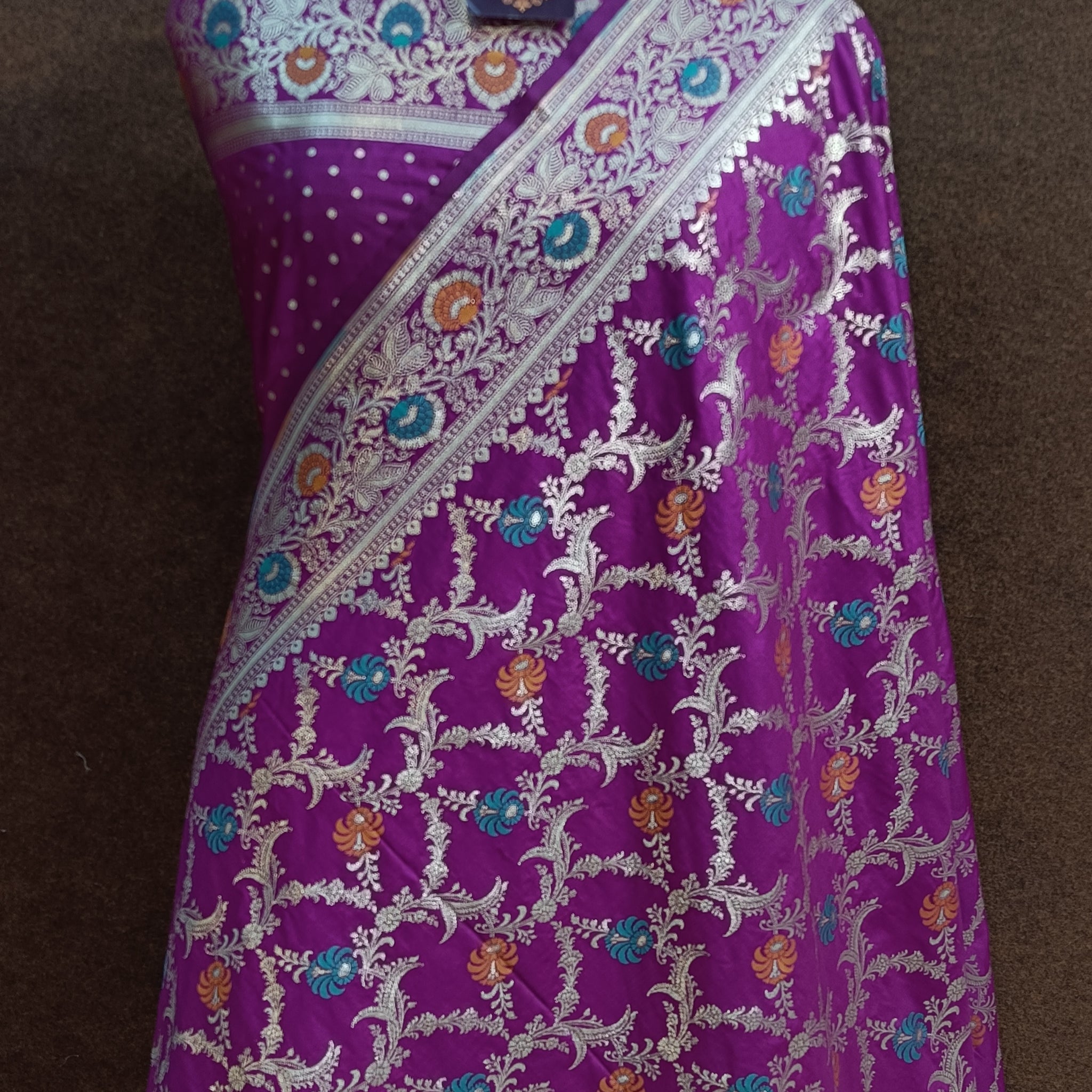 Magenta Banarasi Pawri Silk Meenakari Saree