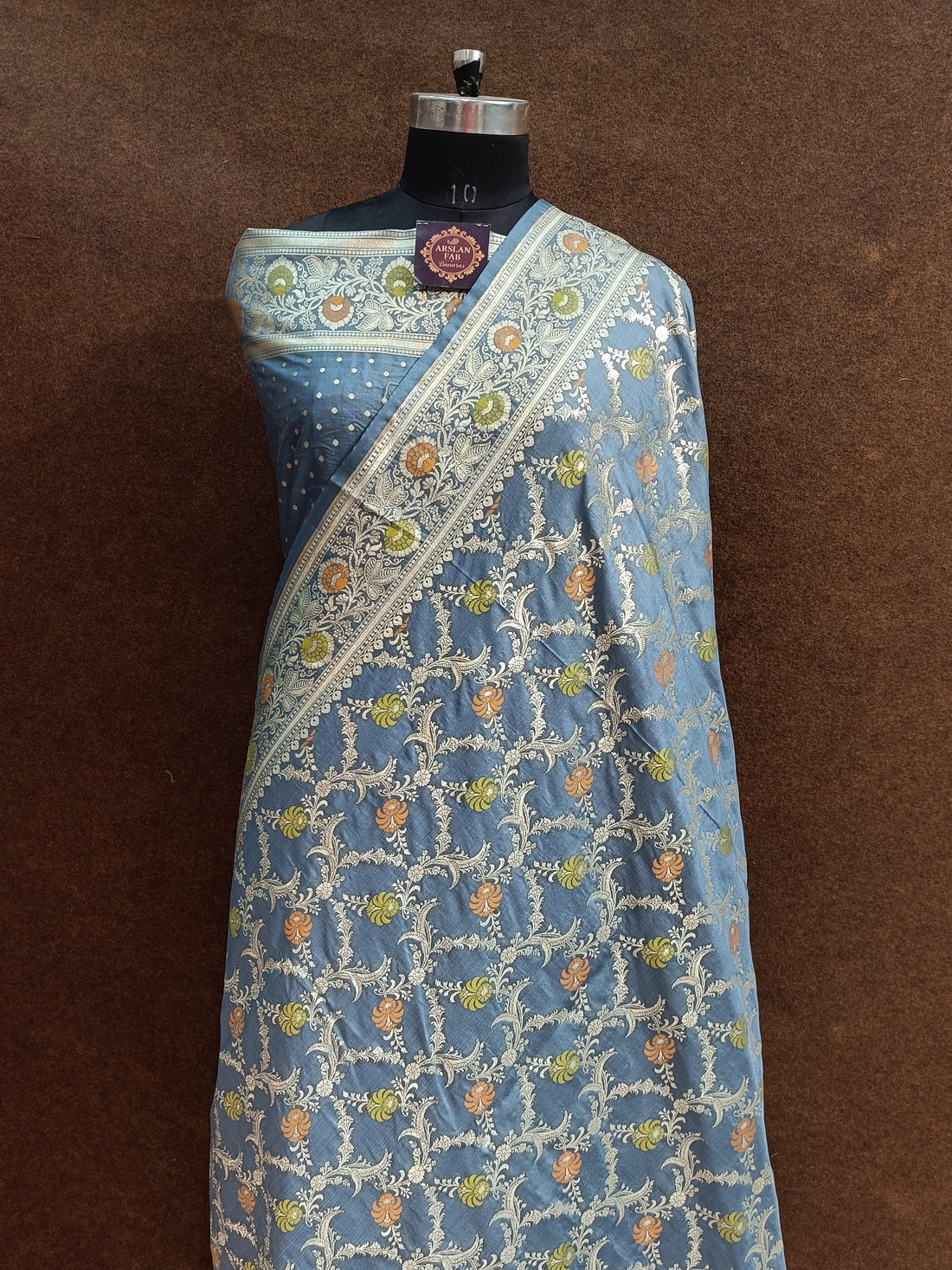 Grey Banarasi Pawri Silk Meenakari Saree