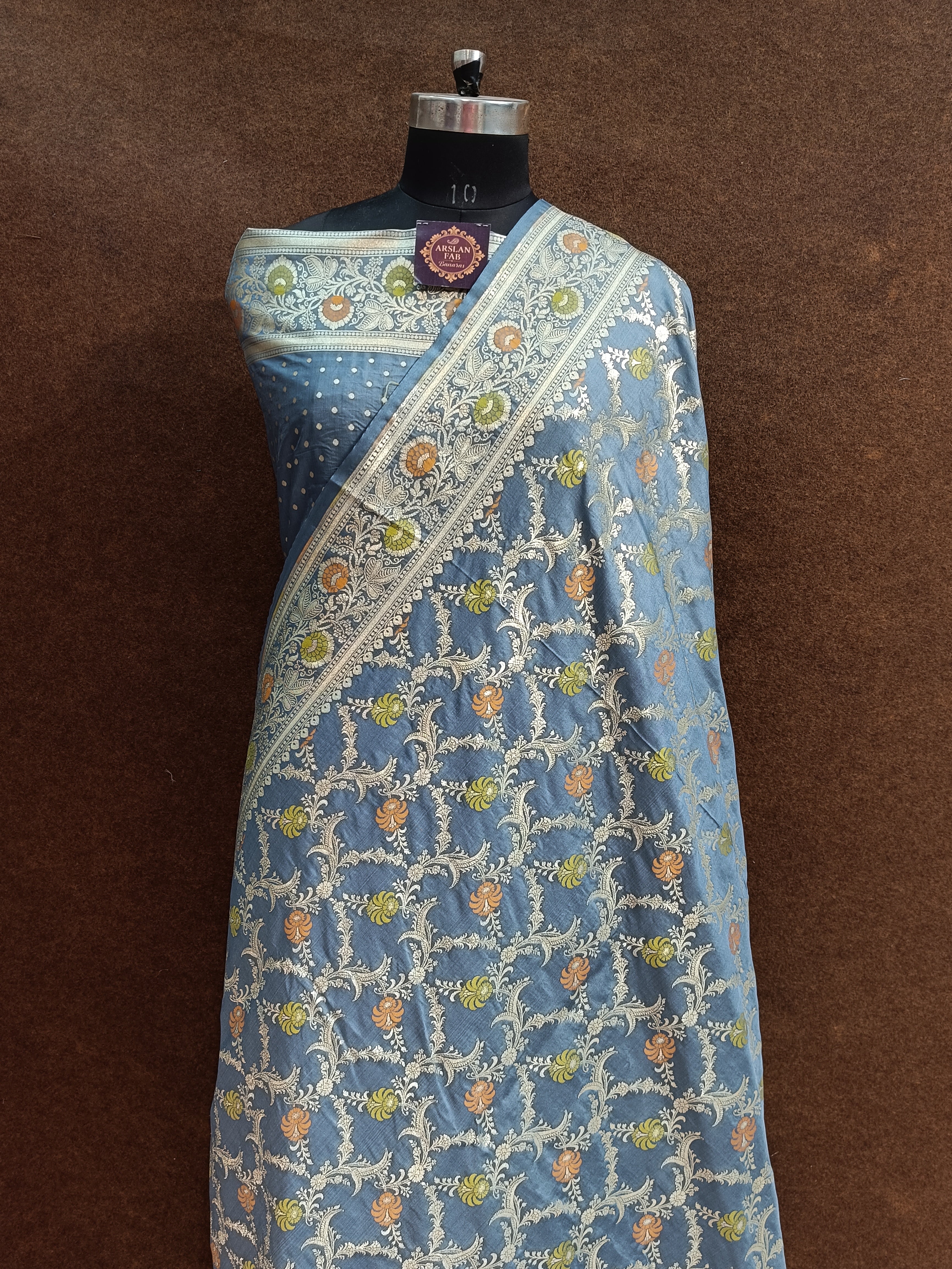 Grey Banarasi Pawri Silk Meenakari Saree