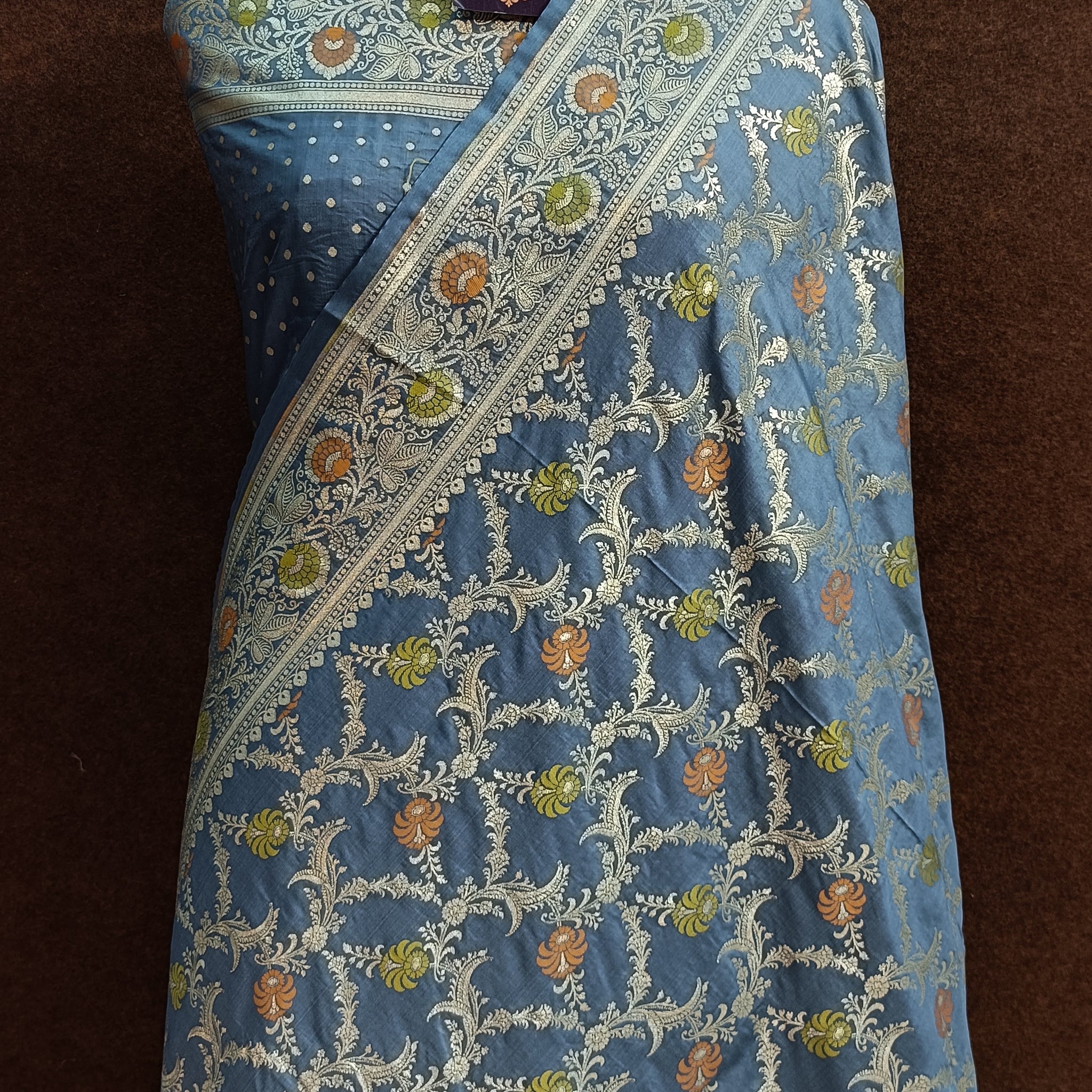 Grey Banarasi Pawri Silk Meenakari Saree