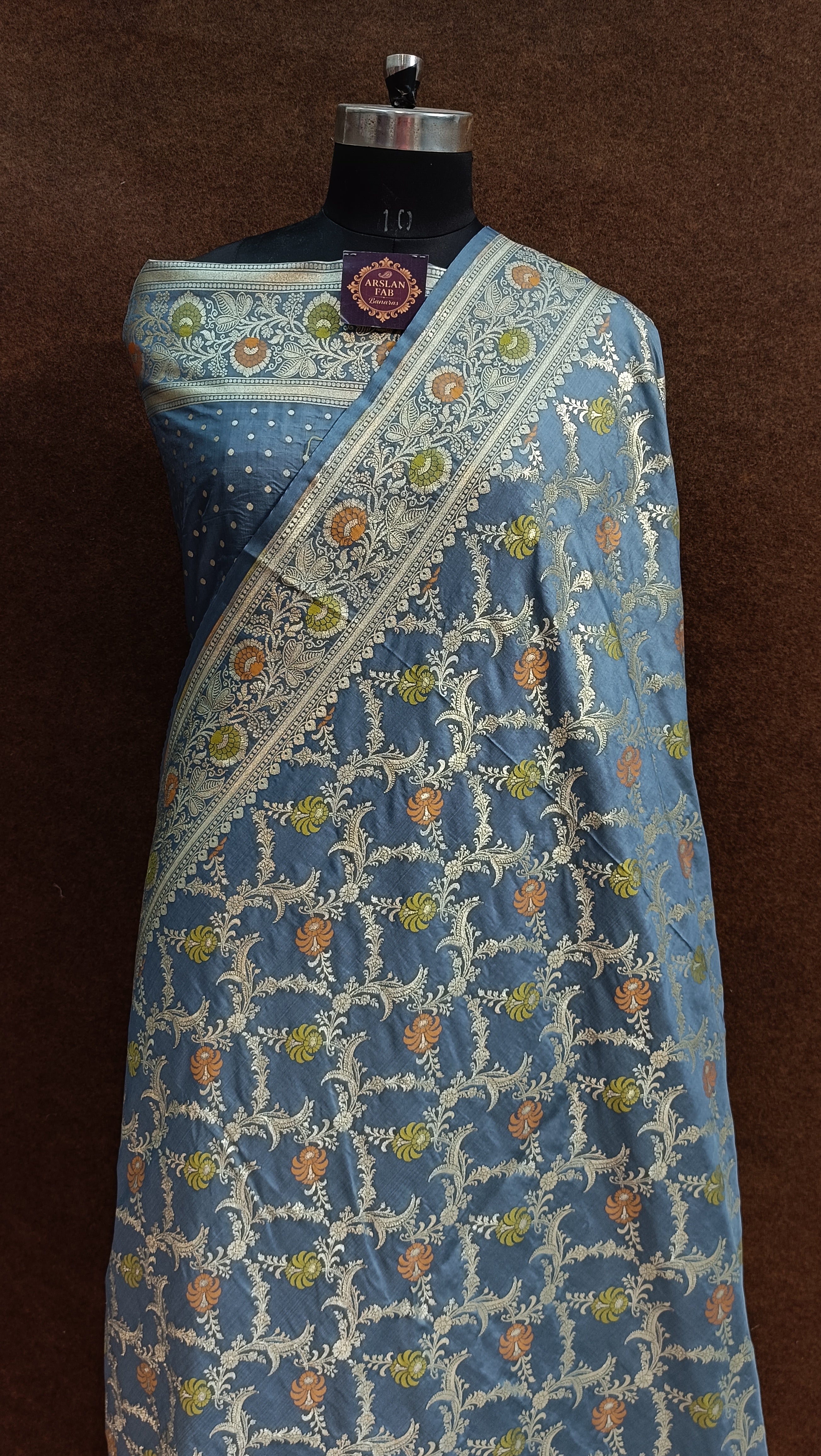 Grey Banarasi Pawri Silk Meenakari Saree