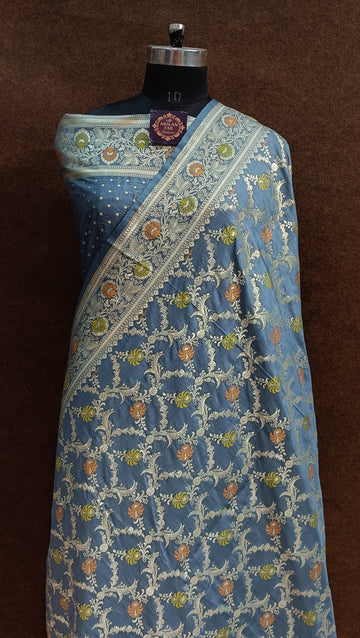 Grey Banarasi Pawri Silk Meenakari Saree