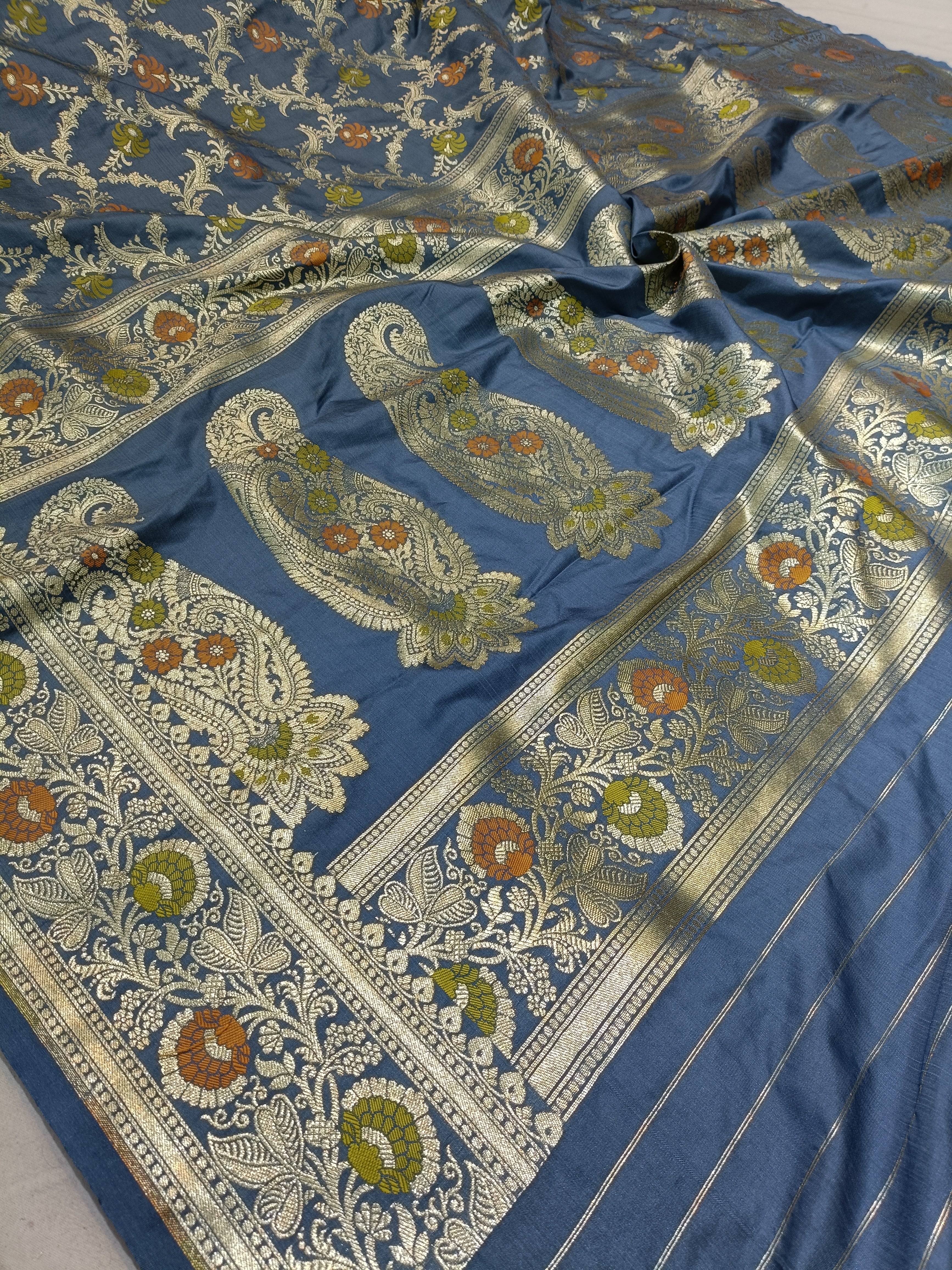 Grey Banarasi Pawri Silk Meenakari Saree