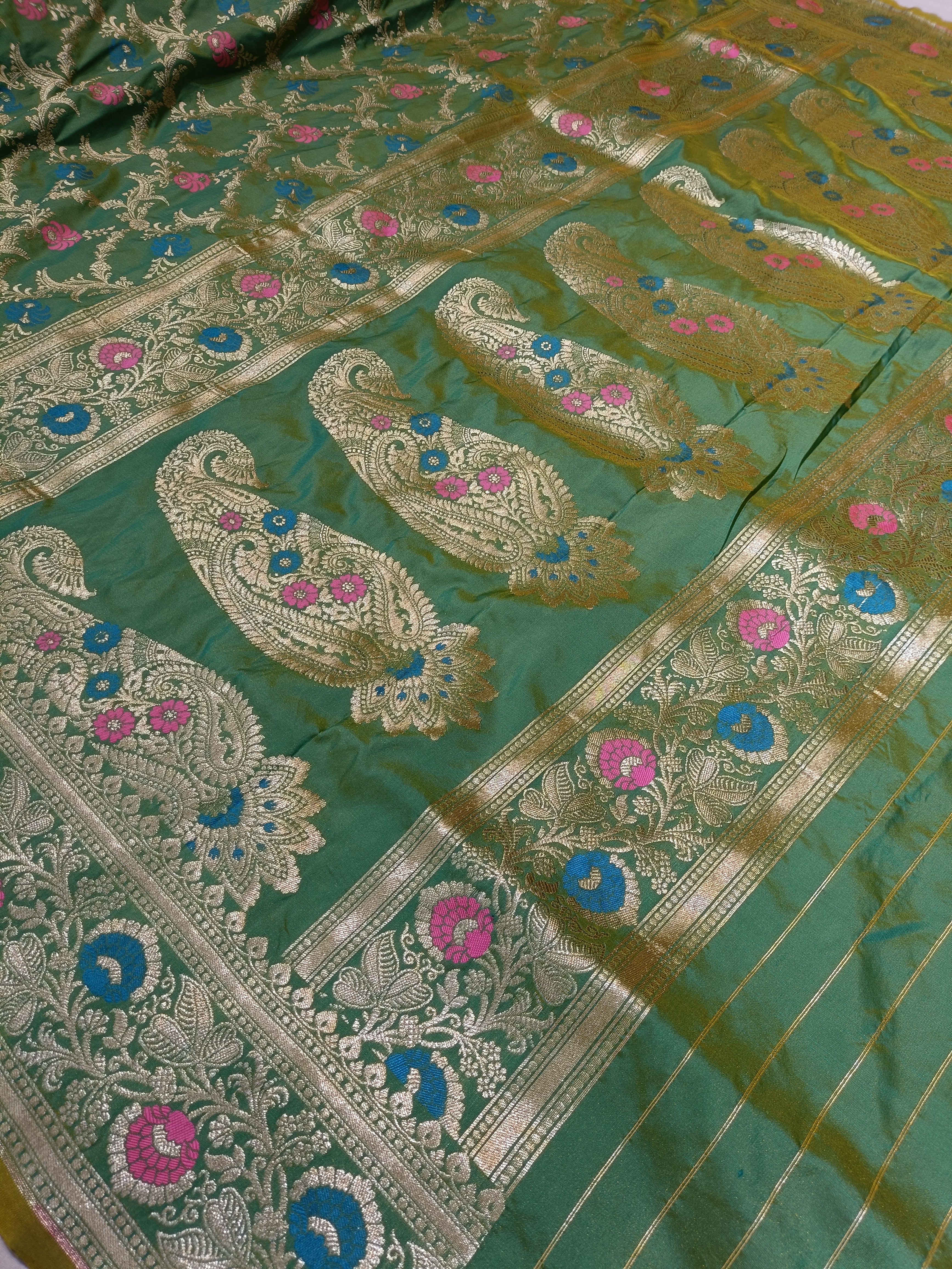 green Banarasi Pawri Silk Meenakari Saree