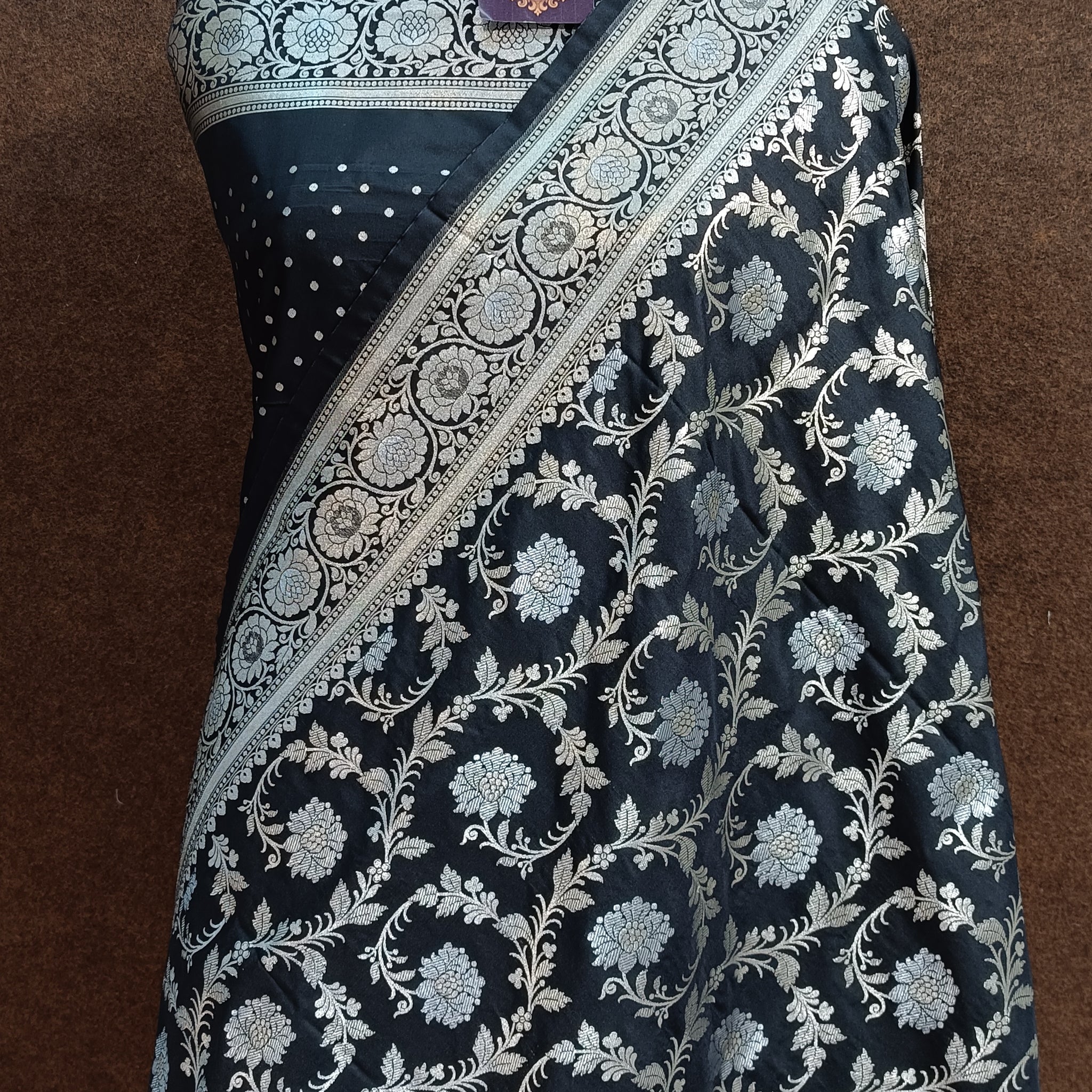 Banarasi Pawri Silk Silver Meena Black Saree