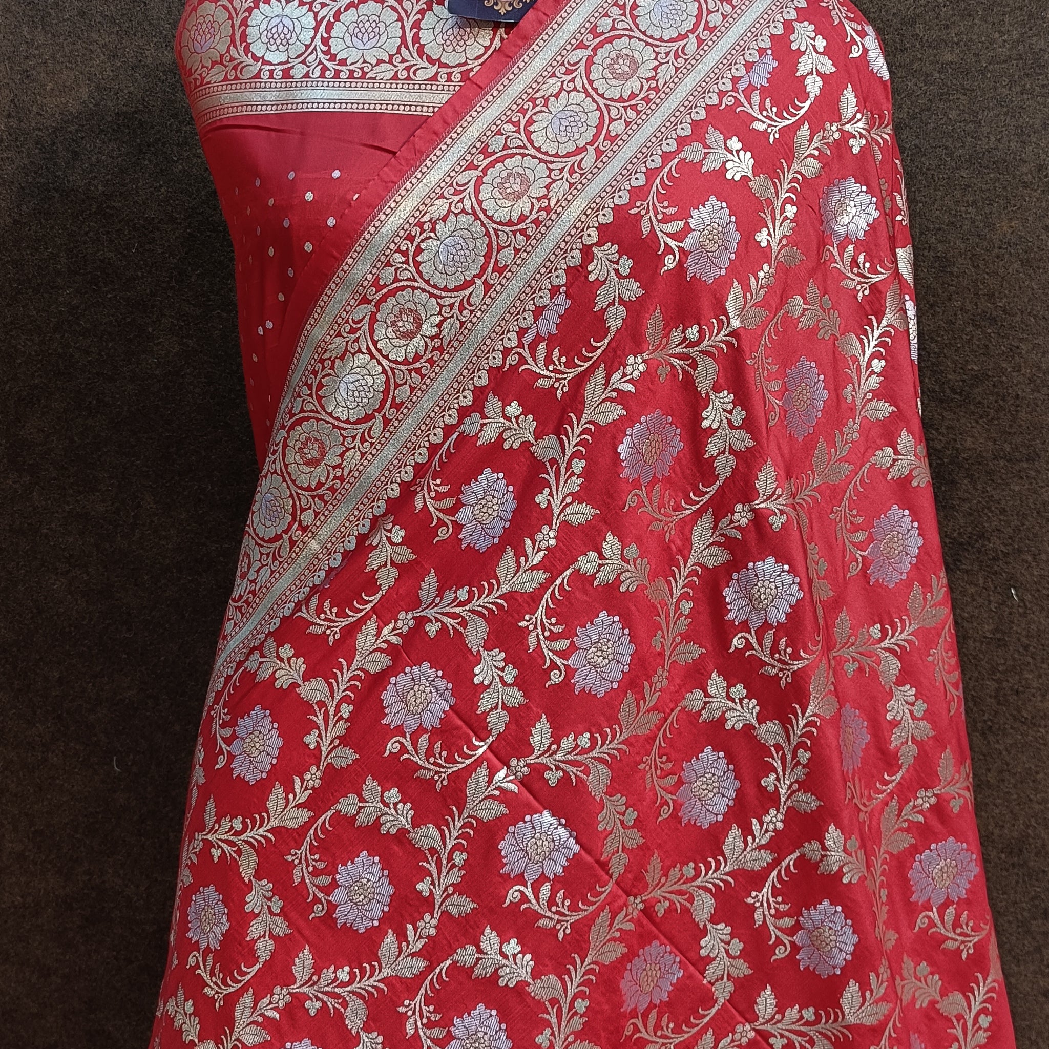 Banarasi Pawri Silk Silver Meena Zari Red Saree