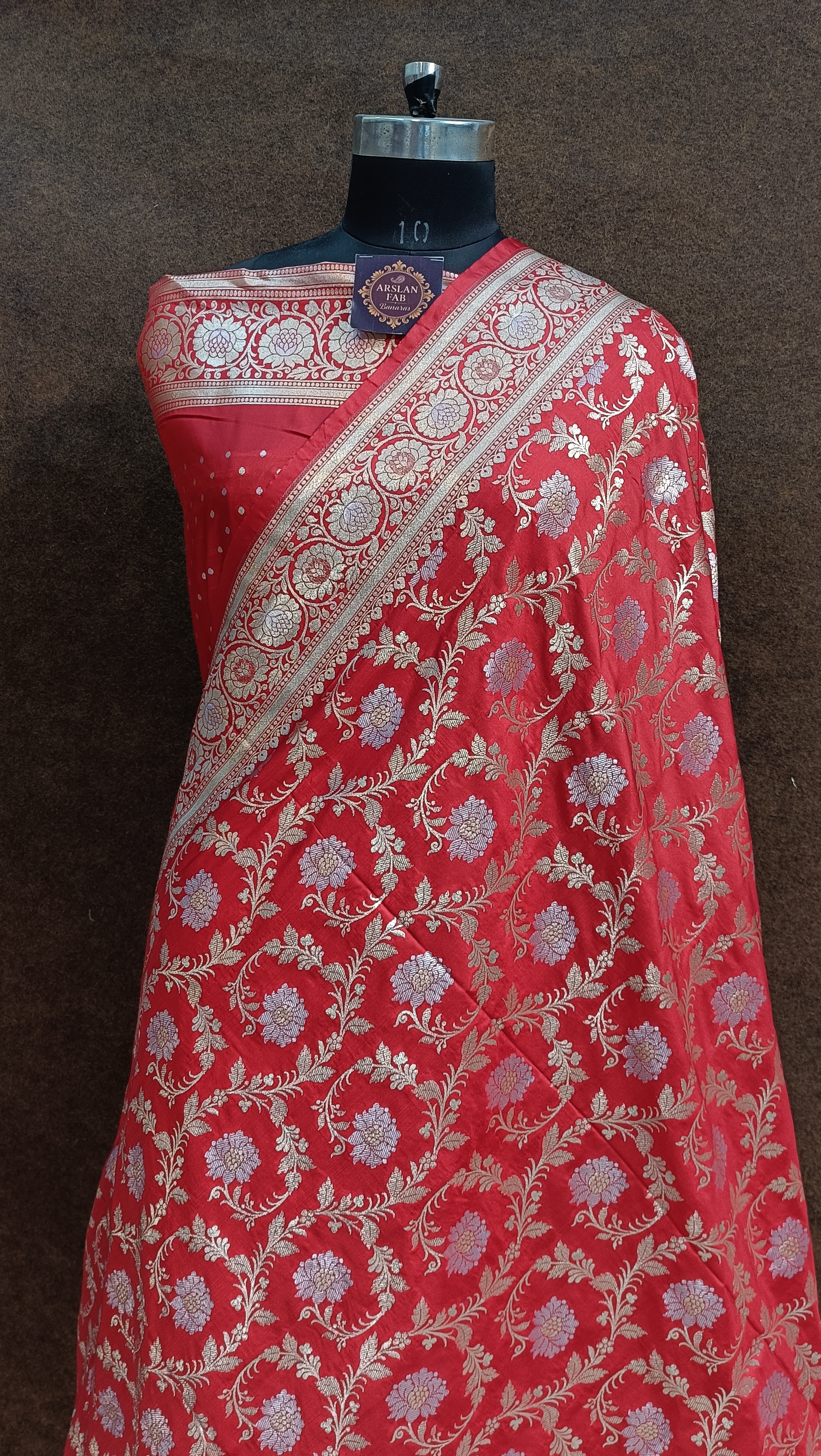 Banarasi Pawri Silk Silver Meena Zari Red Saree