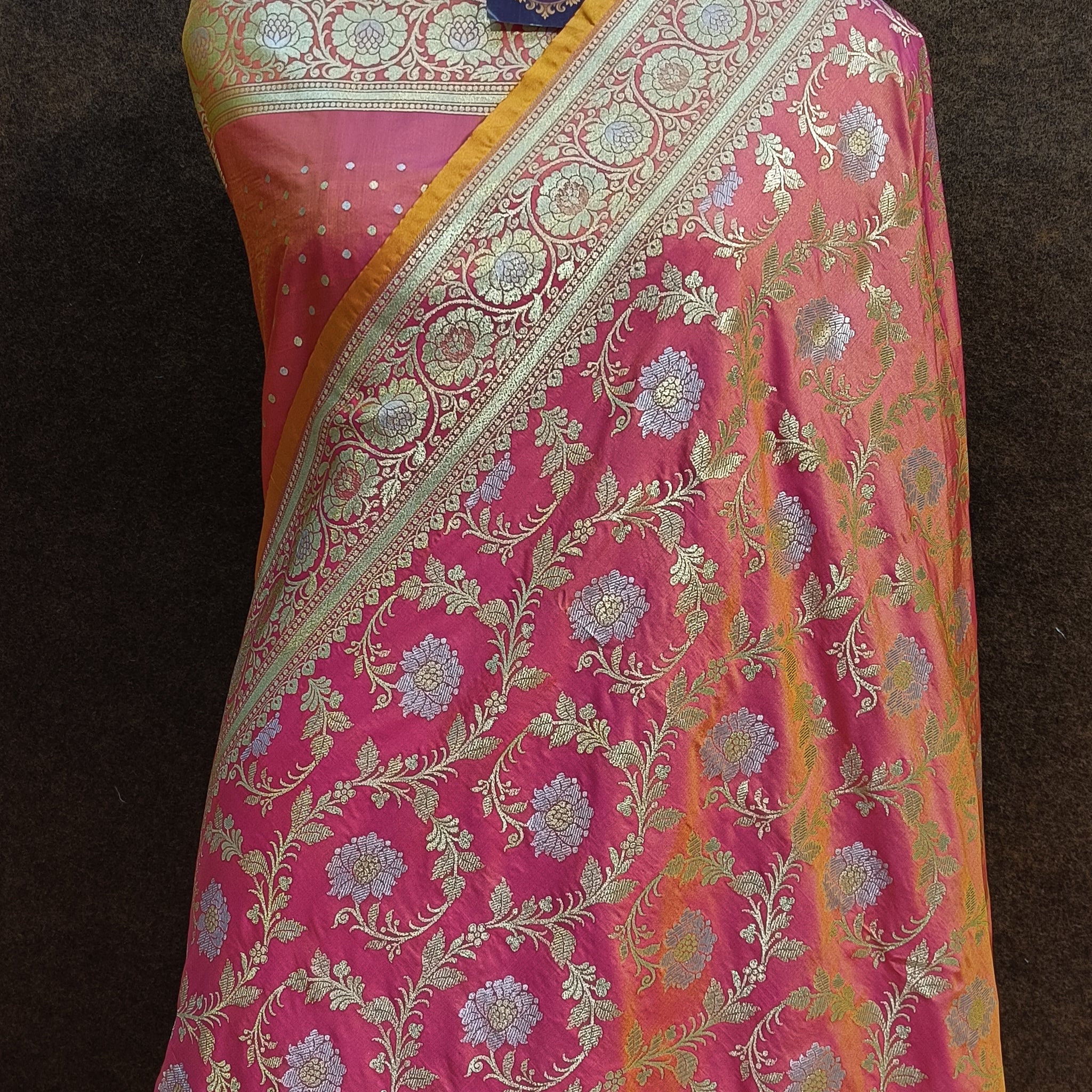 Banarasi Pawri Silk Silver Meena Pink Saree