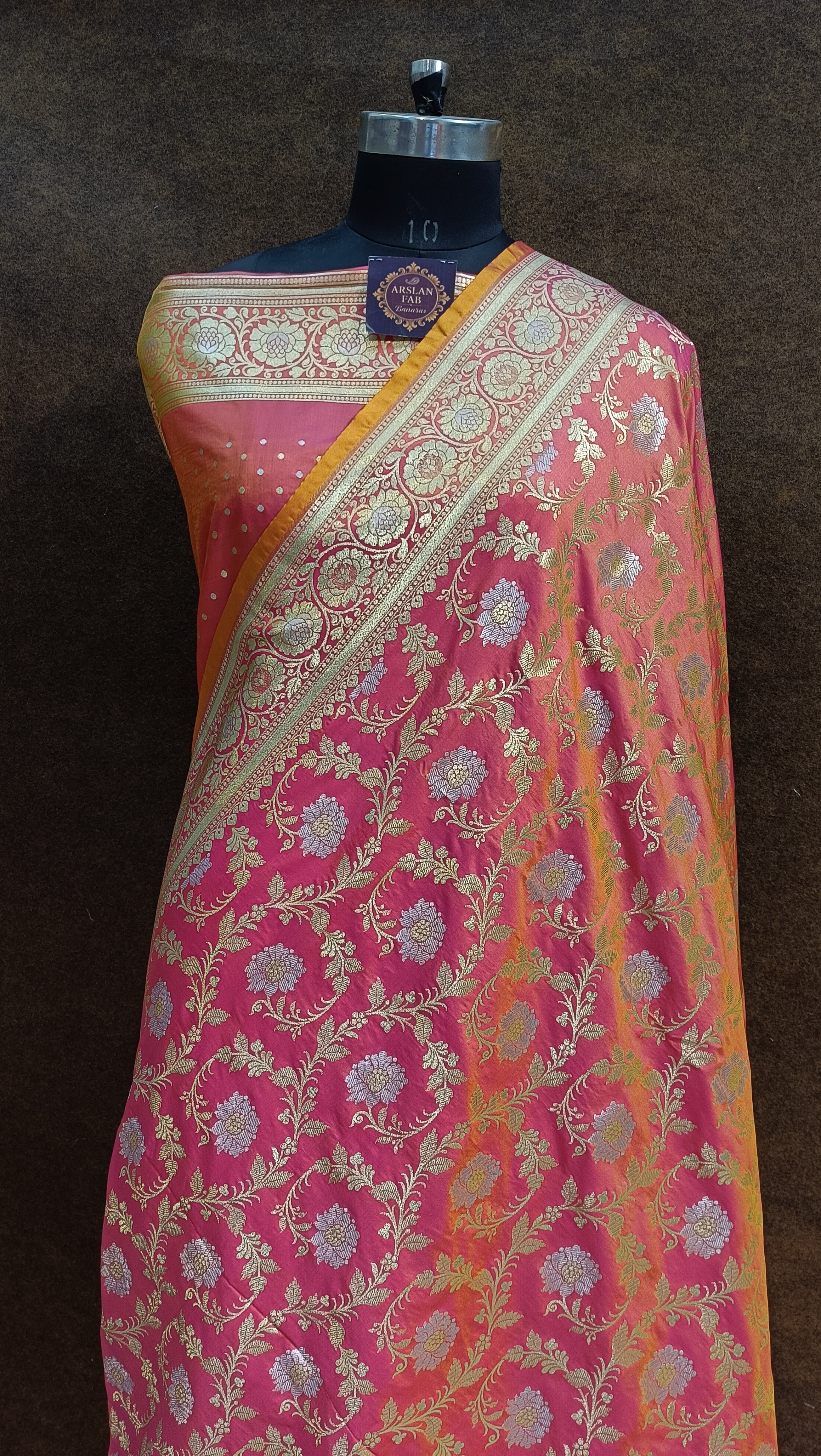 Banarasi Pawri Silk Silver Meena Pink Saree