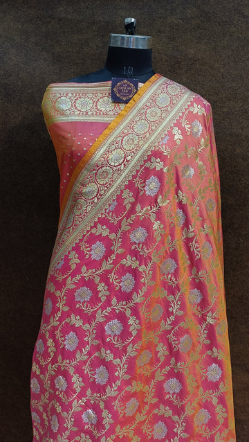 Banarasi Pawri Silk Silver Meena Pink Saree