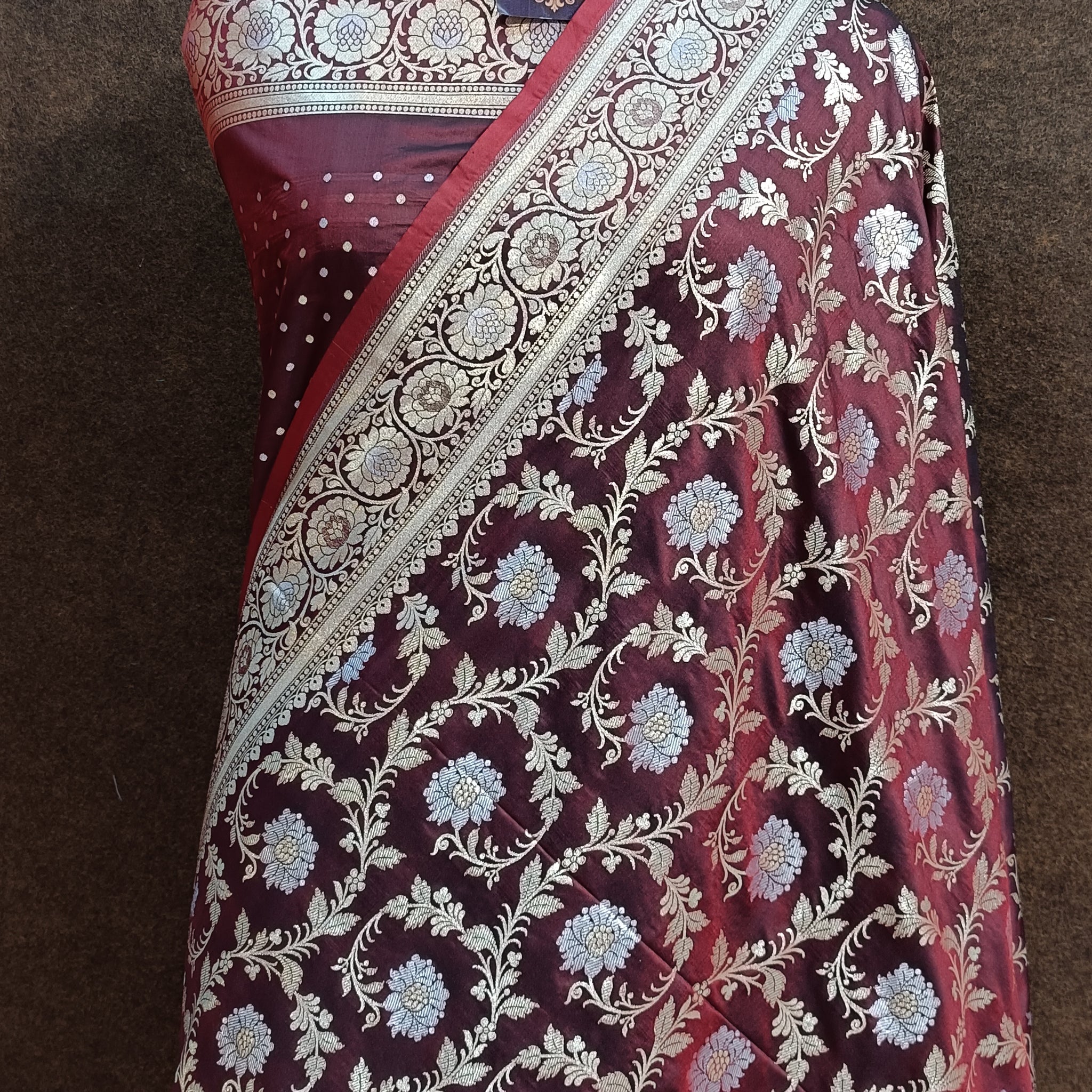 Banarasi Pawri Silk Silver Zari Meena Coffe Saree