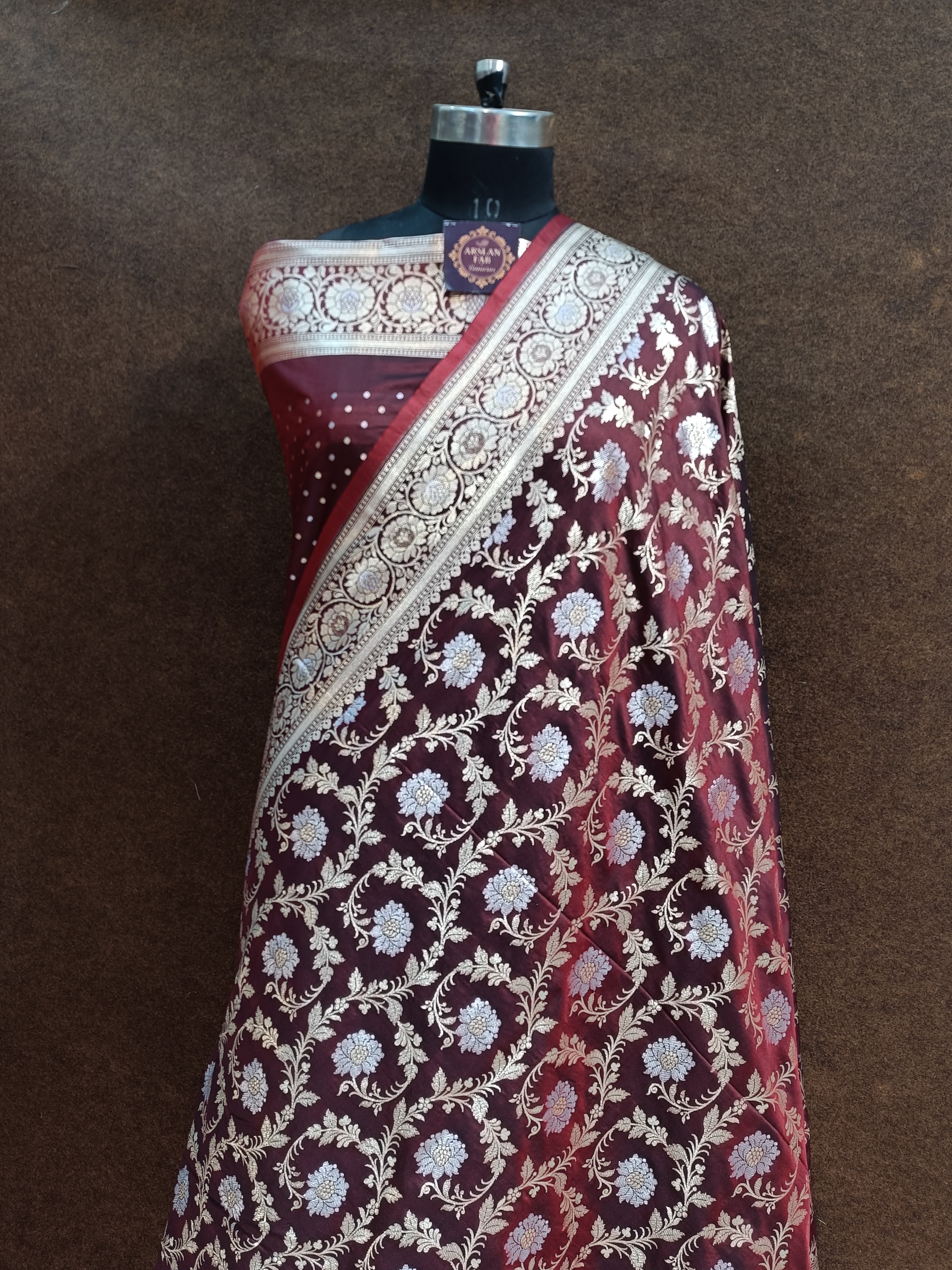 Banarasi Pawri Silk Silver Zari Meena Coffe Saree