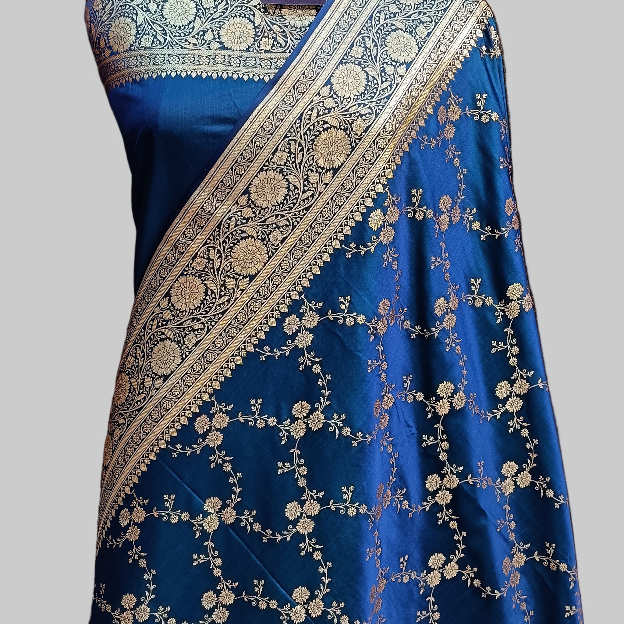 Navy Blue Banarasi Satan Silk Saree