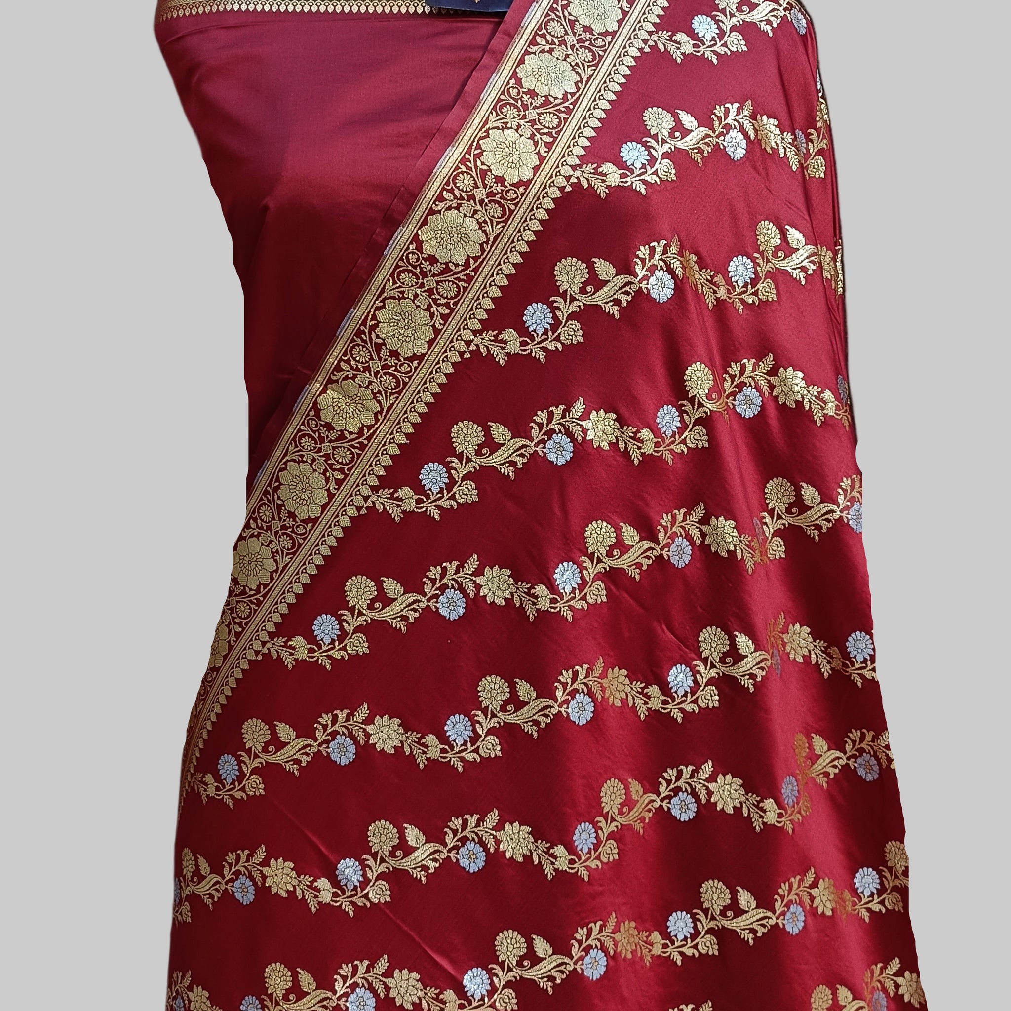Banarasi Satan Silk Silver Meena Saree