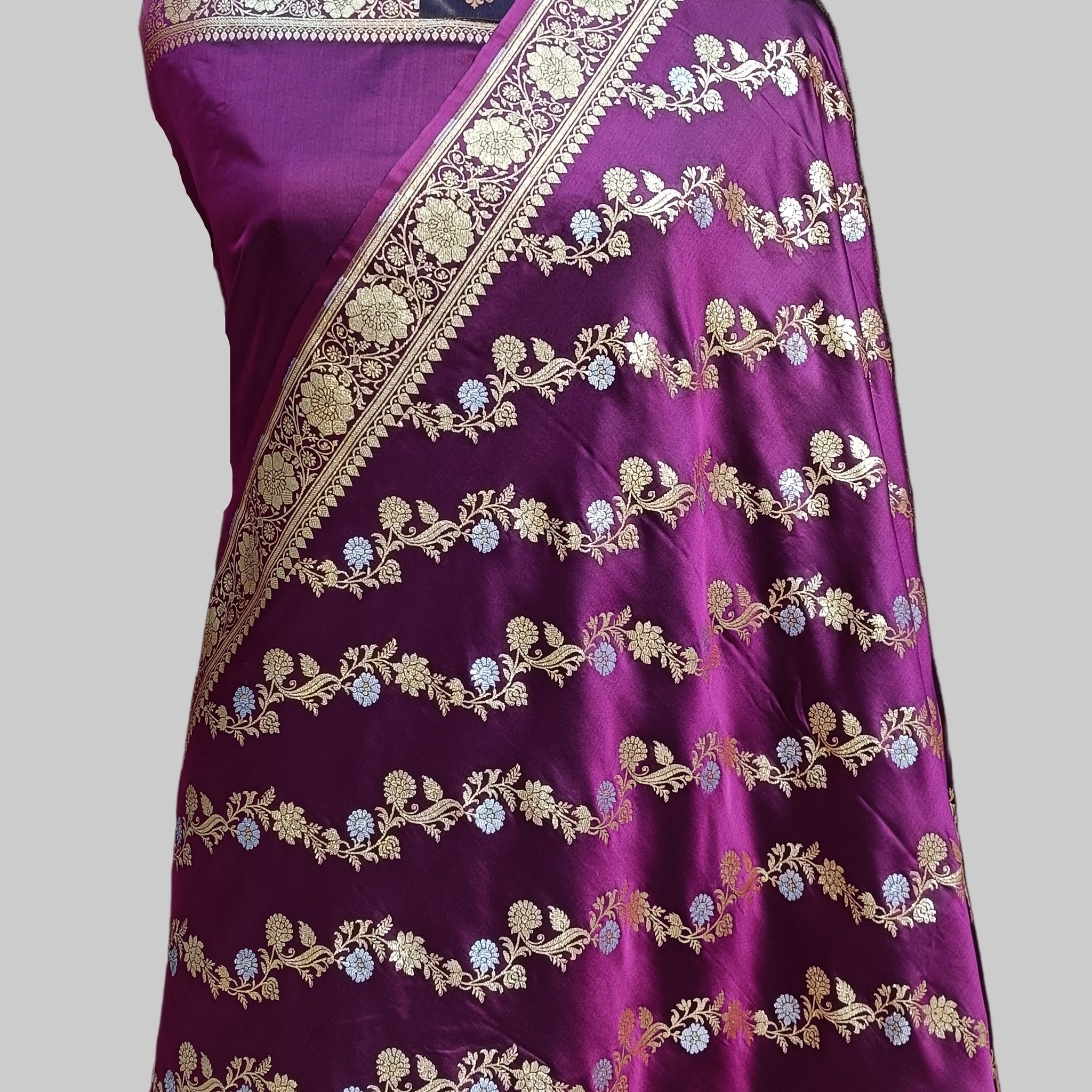Banarasi Satan Silk Silver Meena Saree
