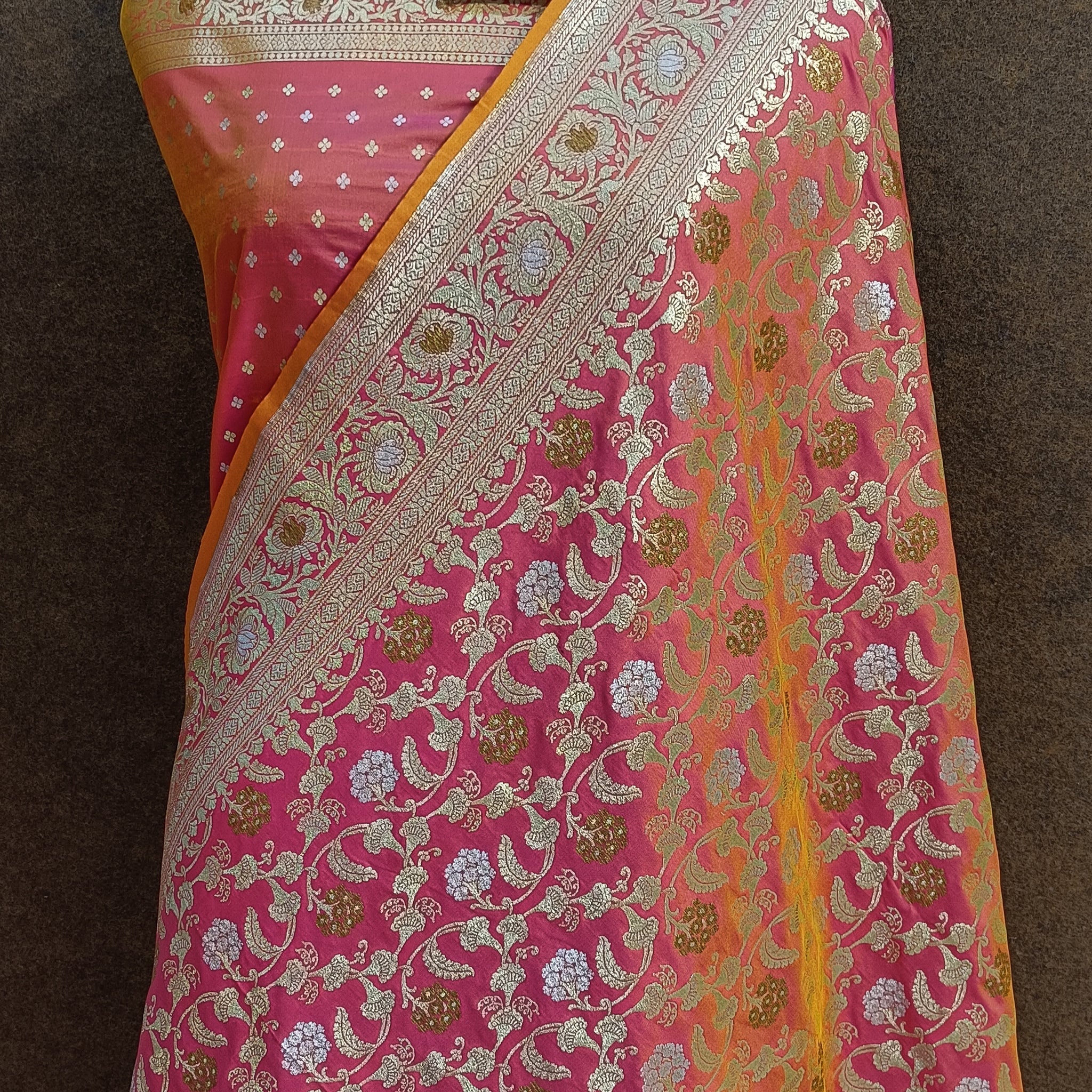 Banarasi Pink and  Orange Gradient Color Pawri Silk Saree