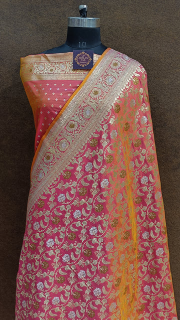 Banarasi Pink and  Orange Gradient Color Pawri Silk Saree