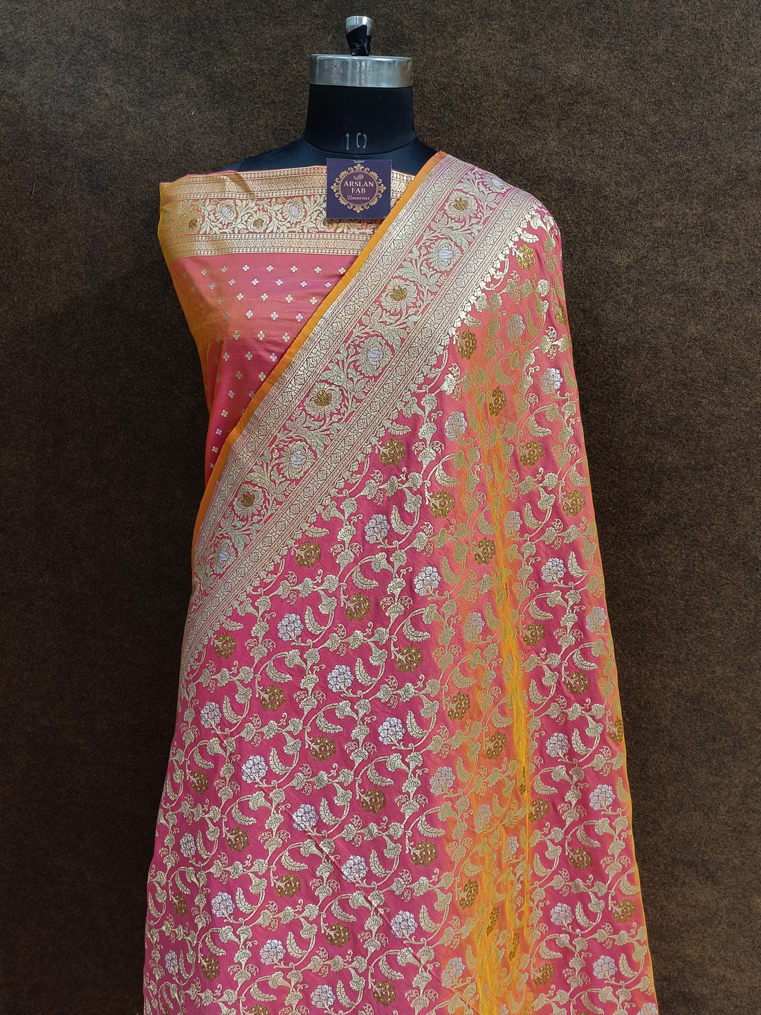 Banarasi Pink and  Orange Gradient Color Pawri Silk Saree